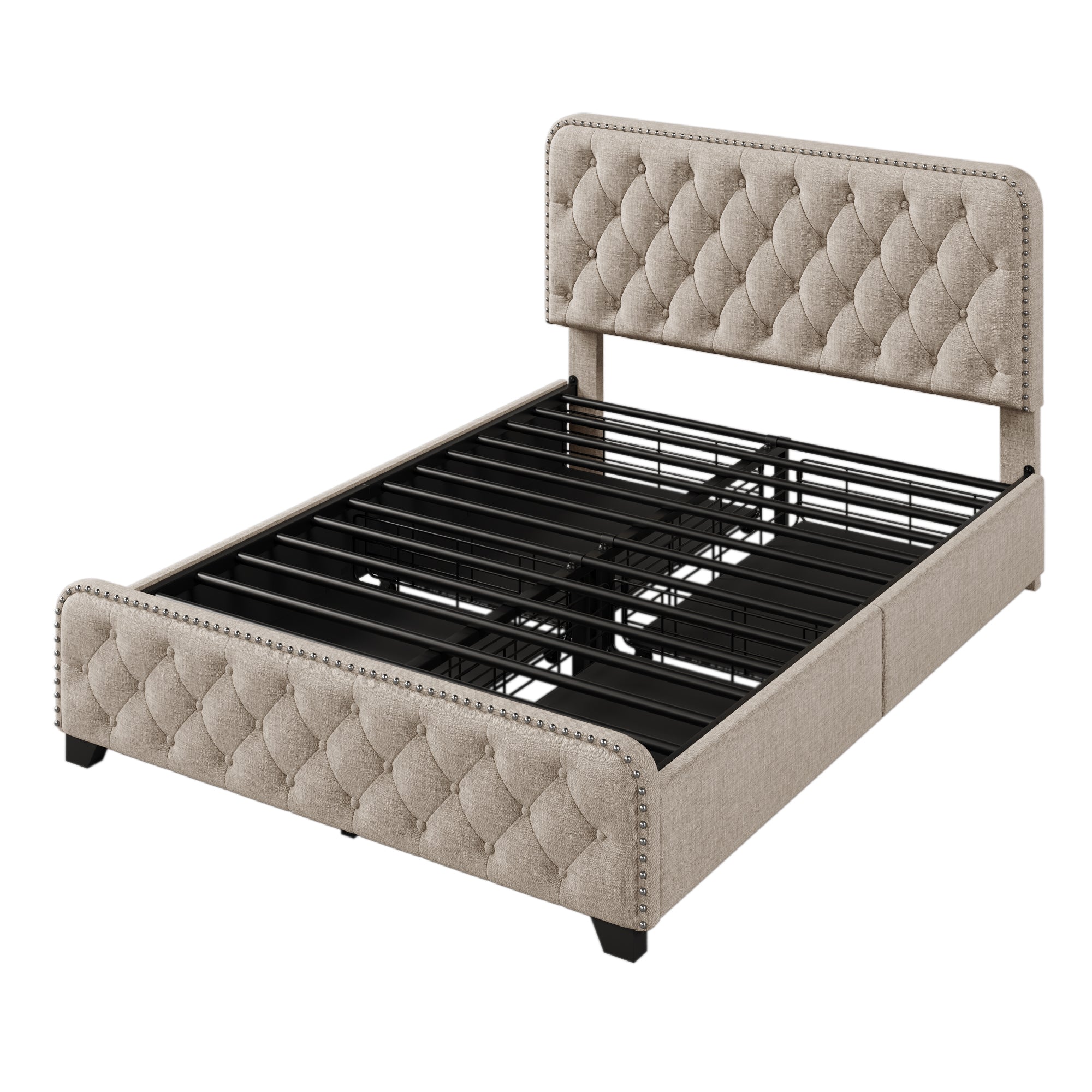 Upholstered Platform Bed with 4 Drawers, Button Tufted Headboard and Footboard Sturdy Metal Support