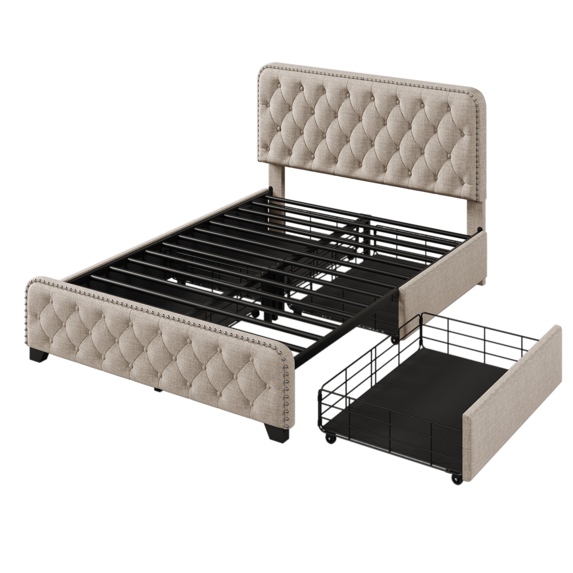 Upholstered Platform Bed with 4 Drawers, Button Tufted Headboard and Footboard Sturdy Metal Support