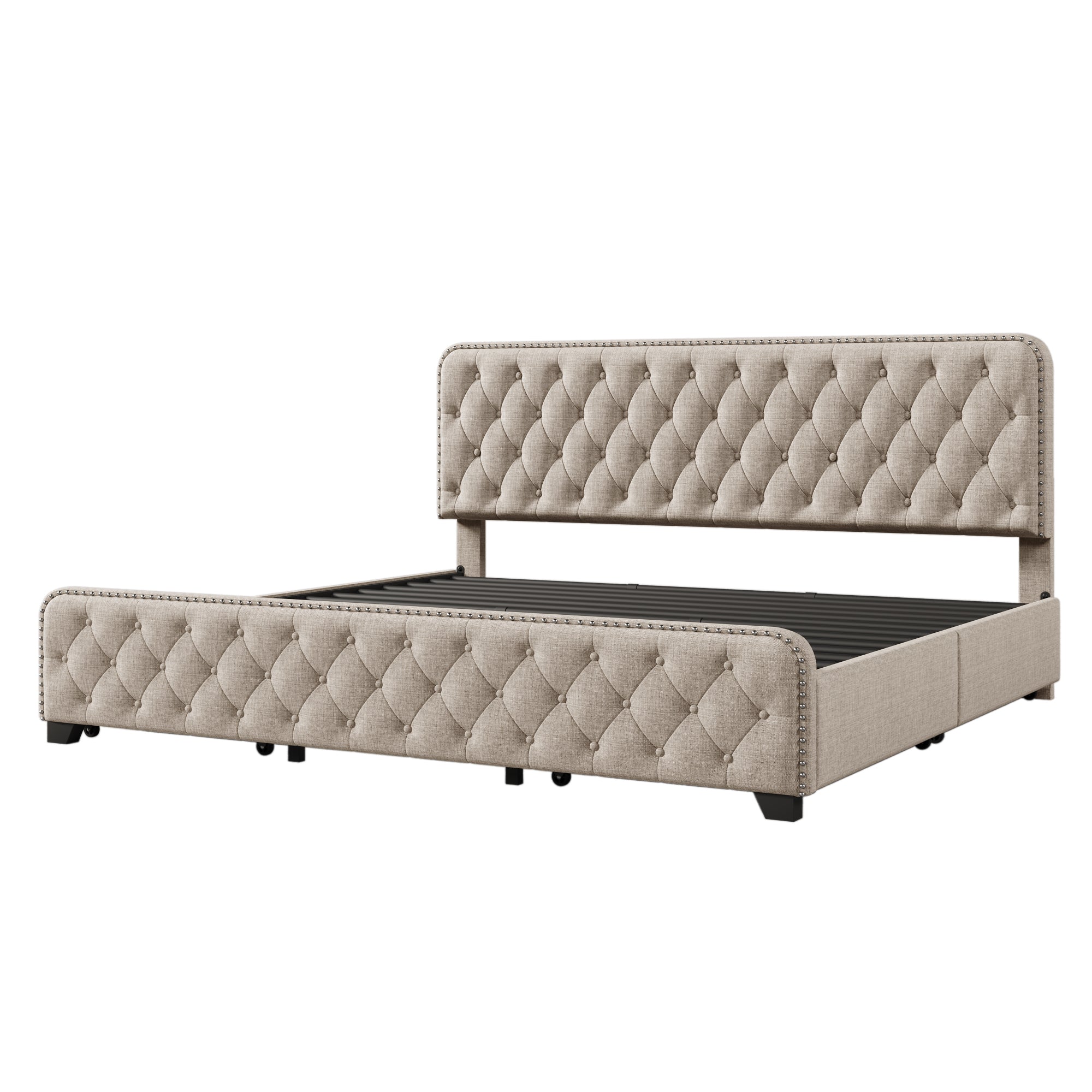 Upholstered Platform Bed with 4 Drawers, Button Tufted Headboard and Footboard Sturdy Metal Support