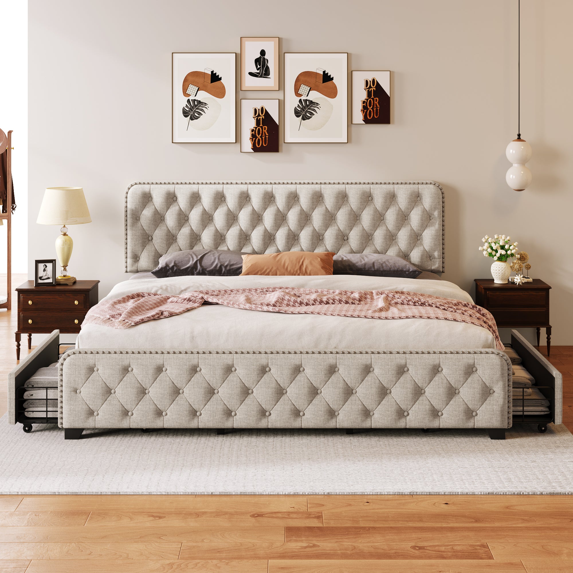 Upholstered Platform Bed with 4 Drawers, Button Tufted Headboard and Footboard Sturdy Metal Support