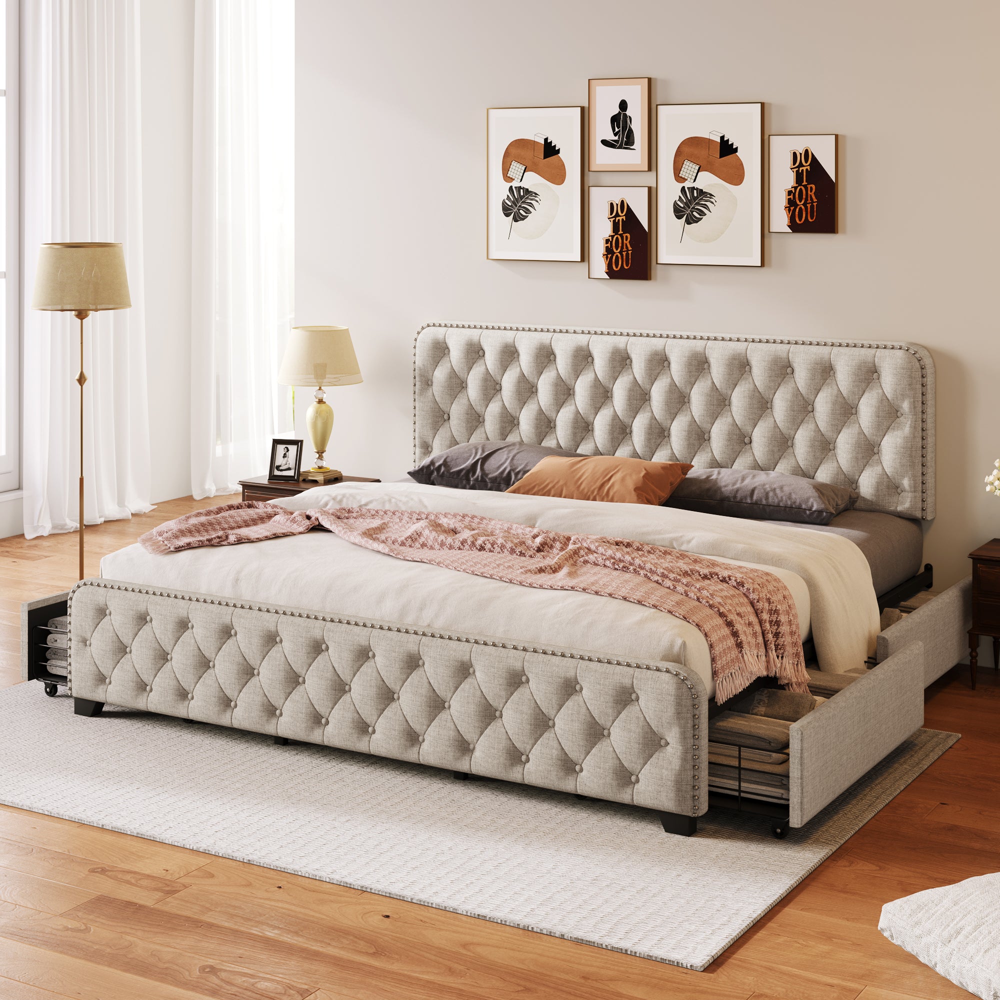 Upholstered Platform Bed with 4 Drawers, Button Tufted Headboard and Footboard Sturdy Metal Support