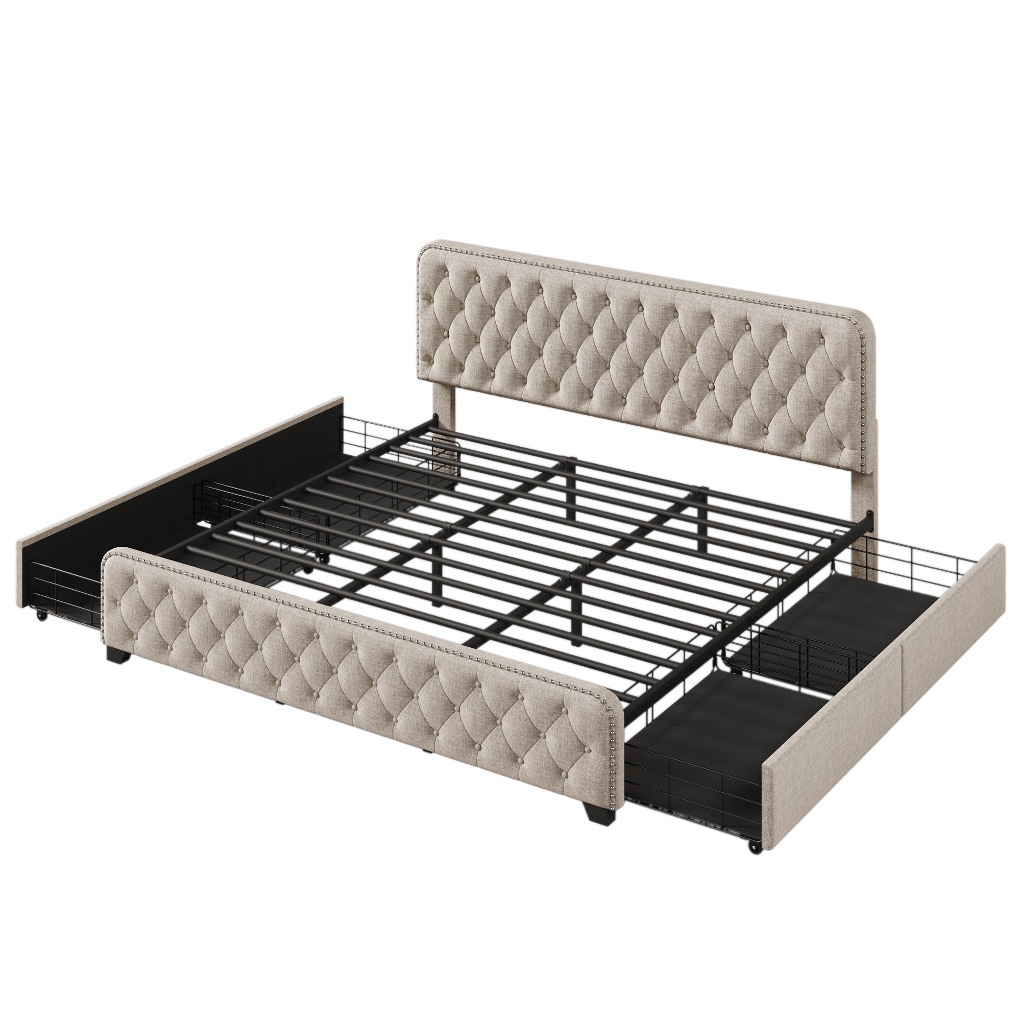 Upholstered Platform Bed with 4 Drawers, Button Tufted Headboard and Footboard Sturdy Metal Support