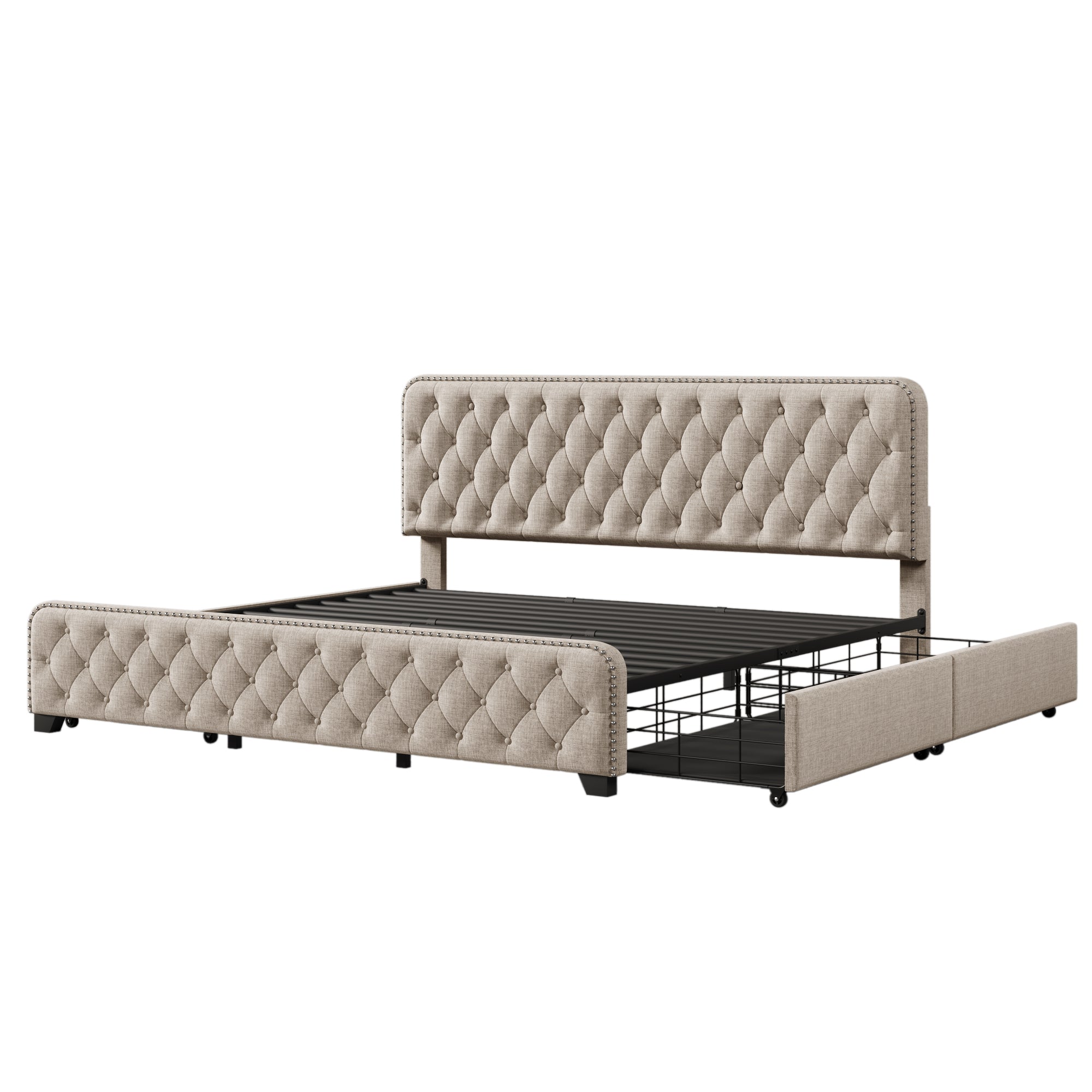 Upholstered Platform Bed with 4 Drawers, Button Tufted Headboard and Footboard Sturdy Metal Support