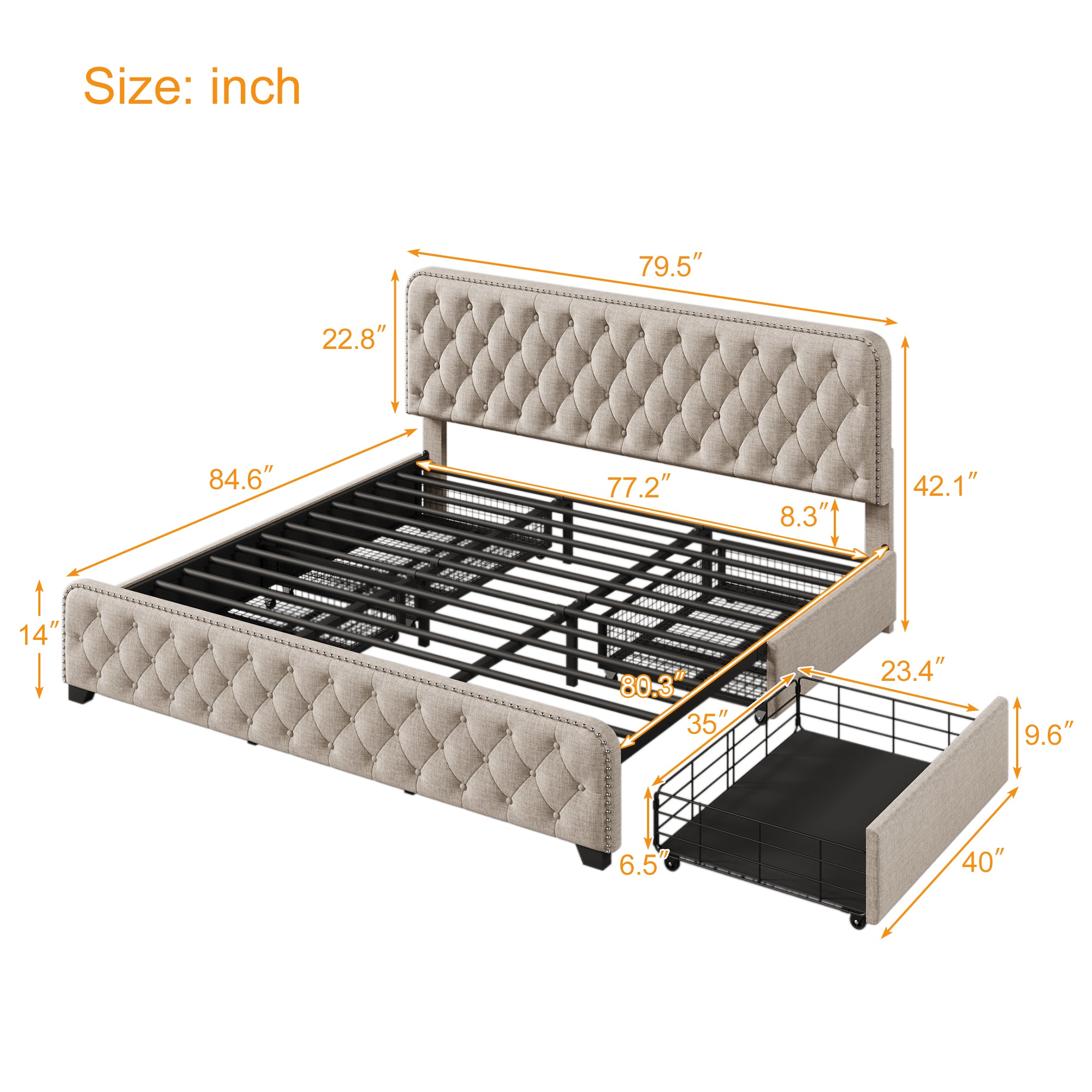 Upholstered Platform Bed with 4 Drawers, Button Tufted Headboard and Footboard Sturdy Metal Support