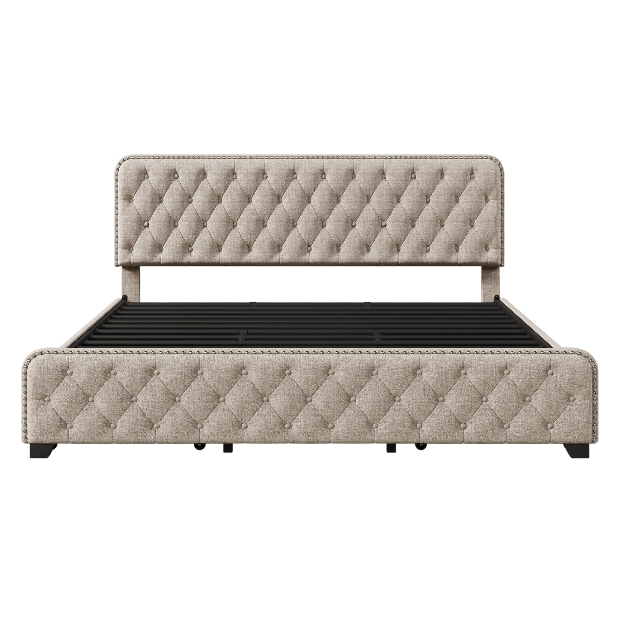 Upholstered Platform Bed with 4 Drawers, Button Tufted Headboard and Footboard Sturdy Metal Support