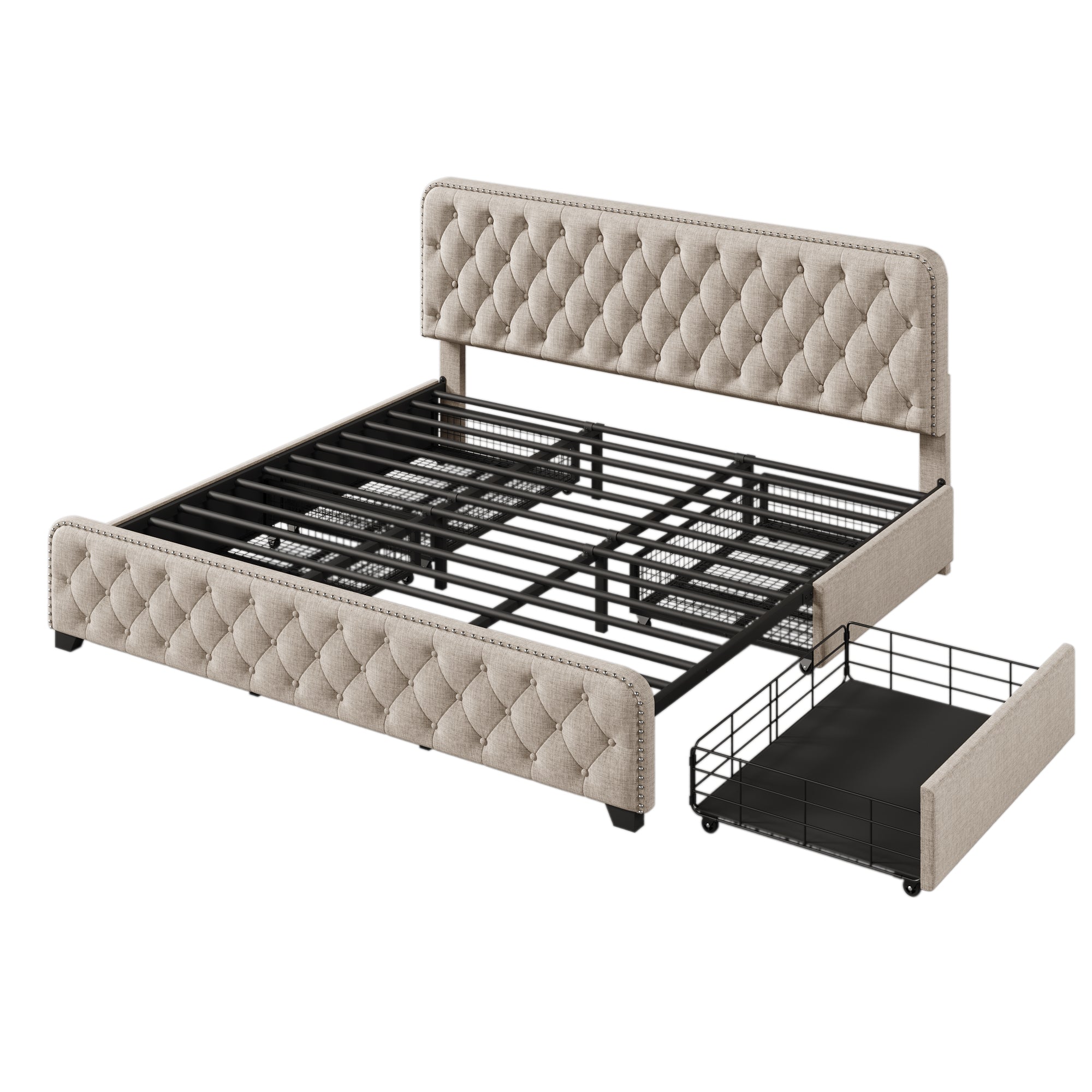 Upholstered Platform Bed with 4 Drawers, Button Tufted Headboard and Footboard Sturdy Metal Support