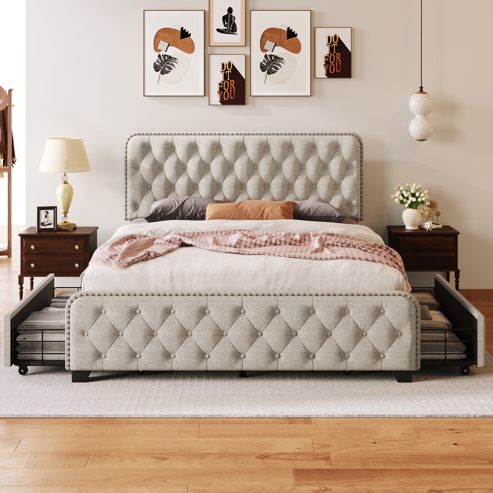 Upholstered Platform Bed with 4 Drawers, Button Tufted Headboard and Footboard Sturdy Metal Support