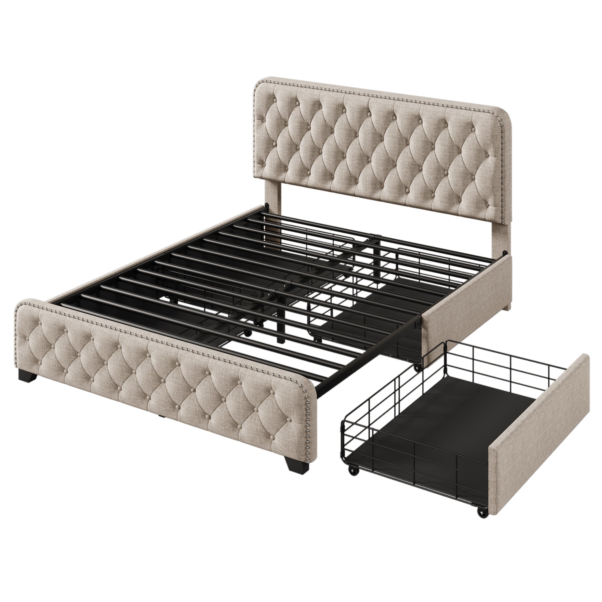 Upholstered Platform Bed with 4 Drawers, Button Tufted Headboard and Footboard Sturdy Metal Support