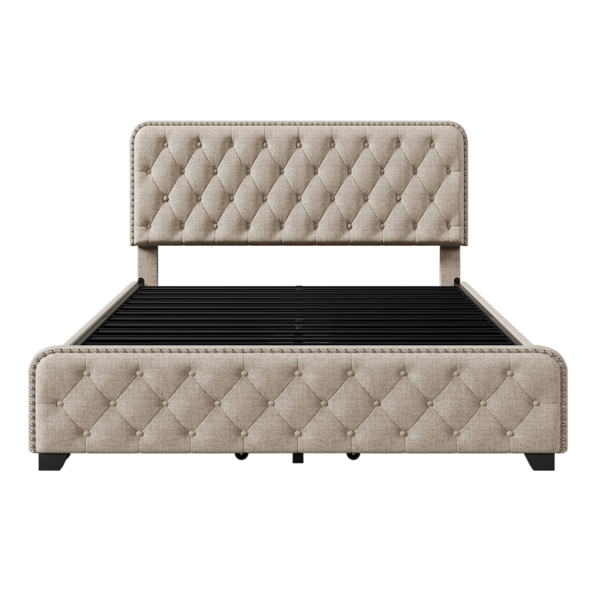 Upholstered Platform Bed with 4 Drawers, Button Tufted Headboard and Footboard Sturdy Metal Support