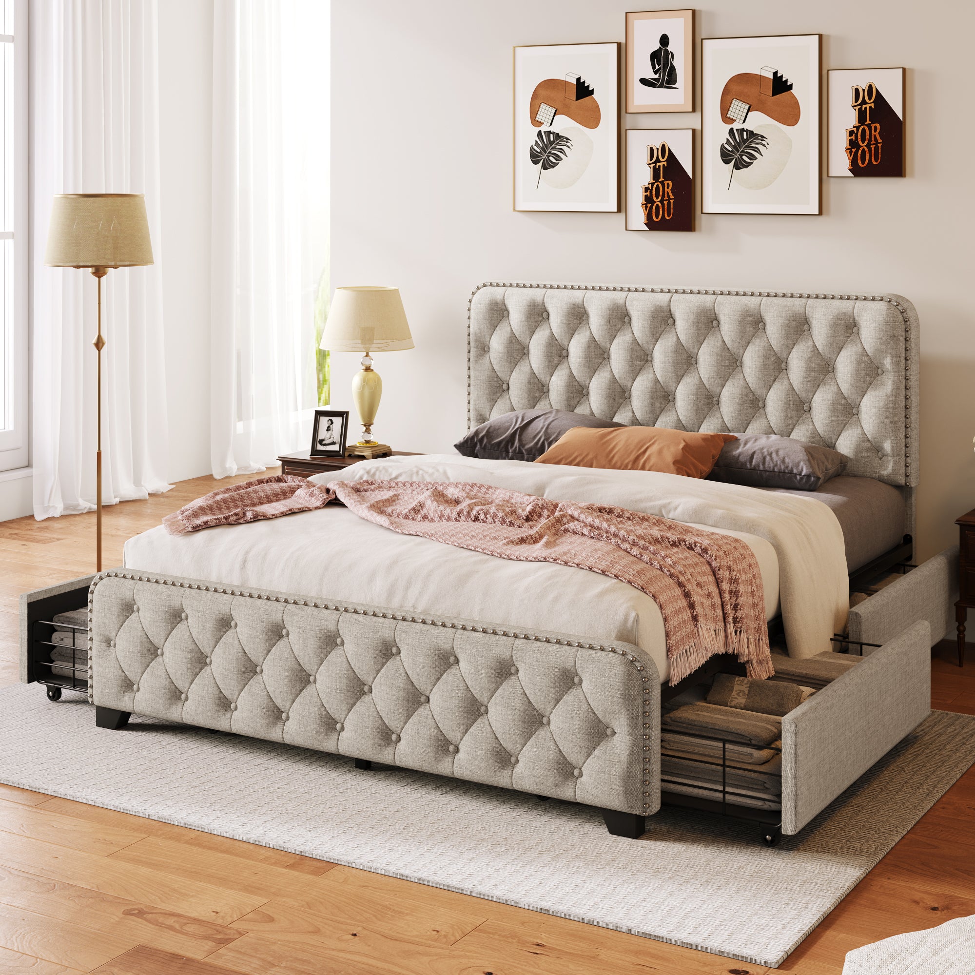 Upholstered Platform Bed with 4 Drawers, Button Tufted Headboard and Footboard Sturdy Metal Support