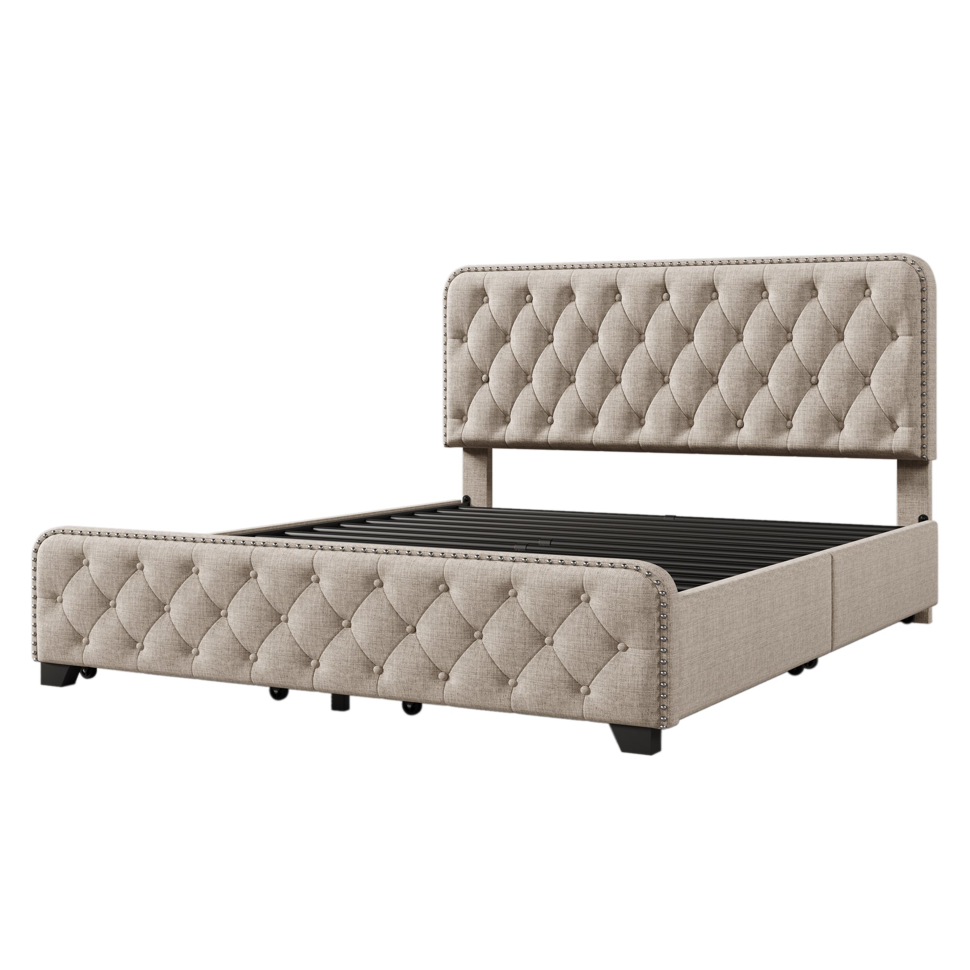 Upholstered Platform Bed with 4 Drawers, Button Tufted Headboard and Footboard Sturdy Metal Support