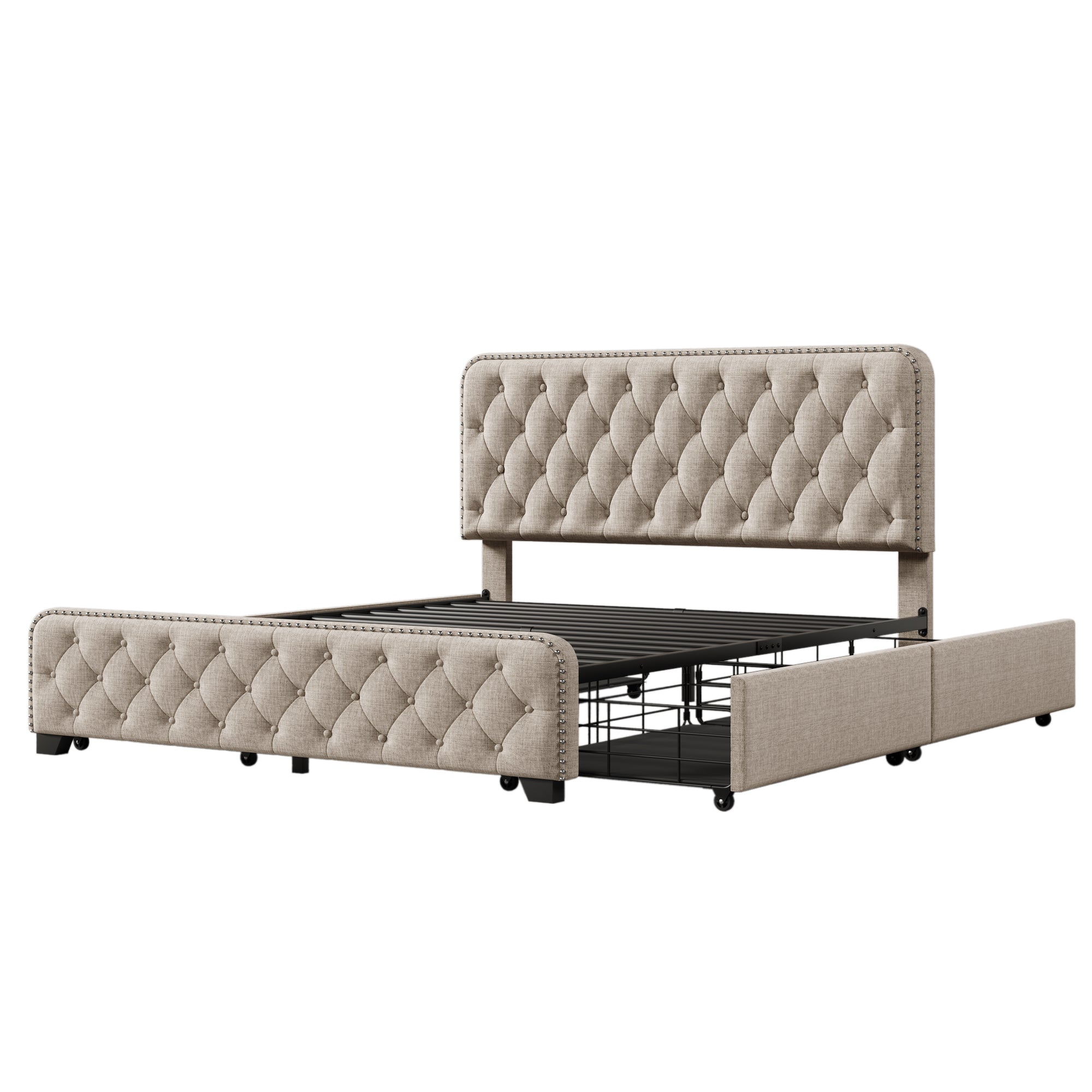 Upholstered Platform Bed with 4 Drawers, Button Tufted Headboard and Footboard Sturdy Metal Support