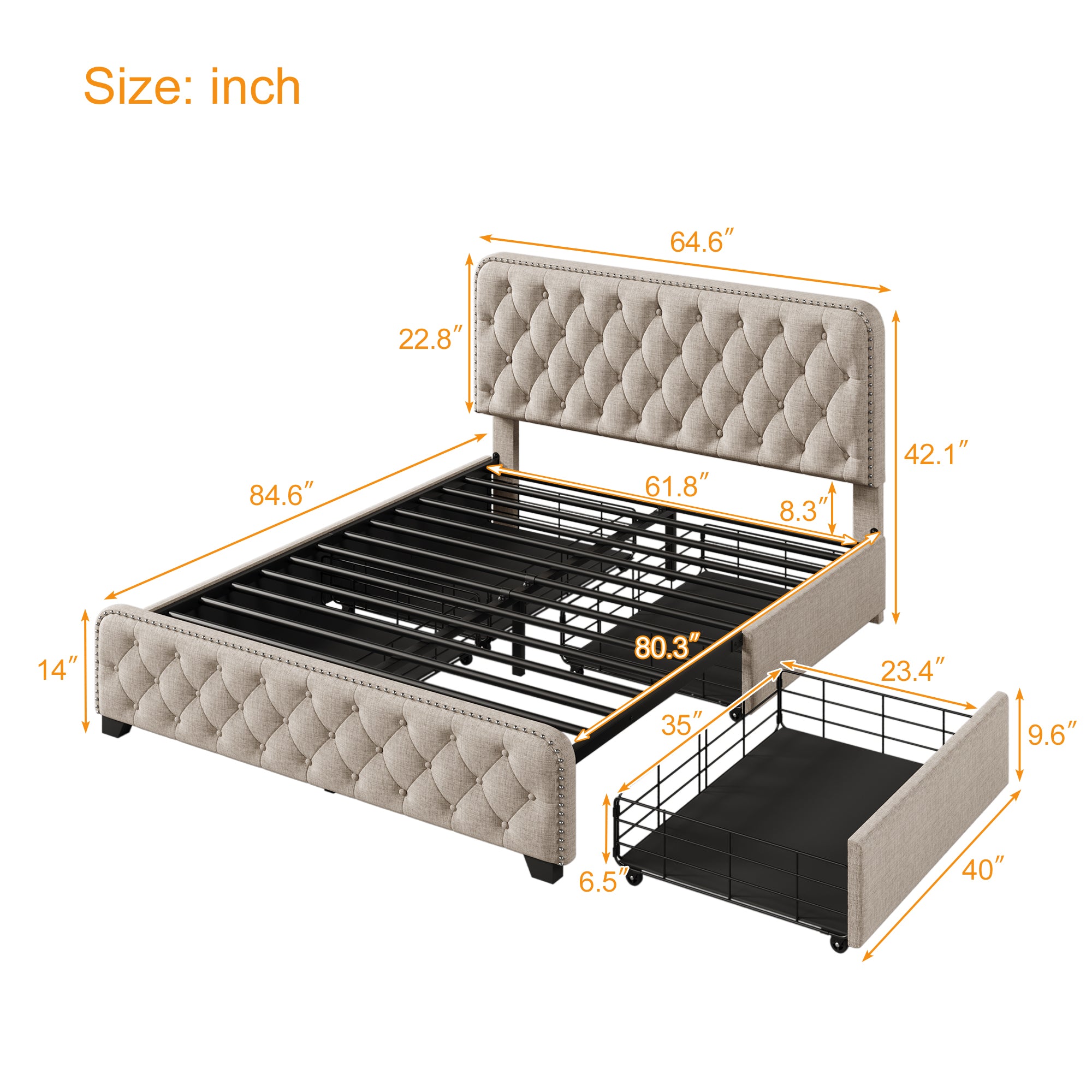 Upholstered Platform Bed with 4 Drawers, Button Tufted Headboard and Footboard Sturdy Metal Support