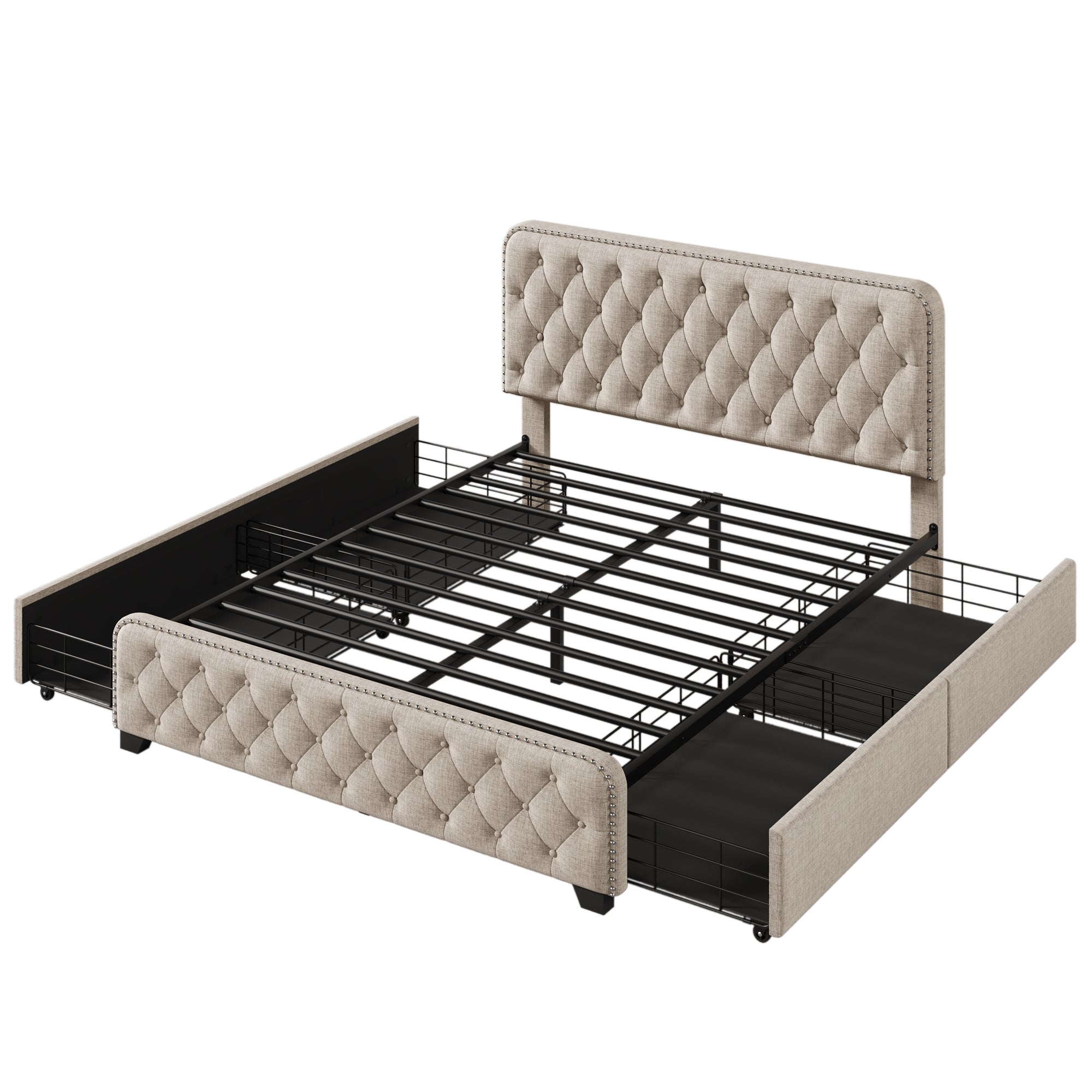 Upholstered Platform Bed with 4 Drawers, Button Tufted Headboard and Footboard Sturdy Metal Support