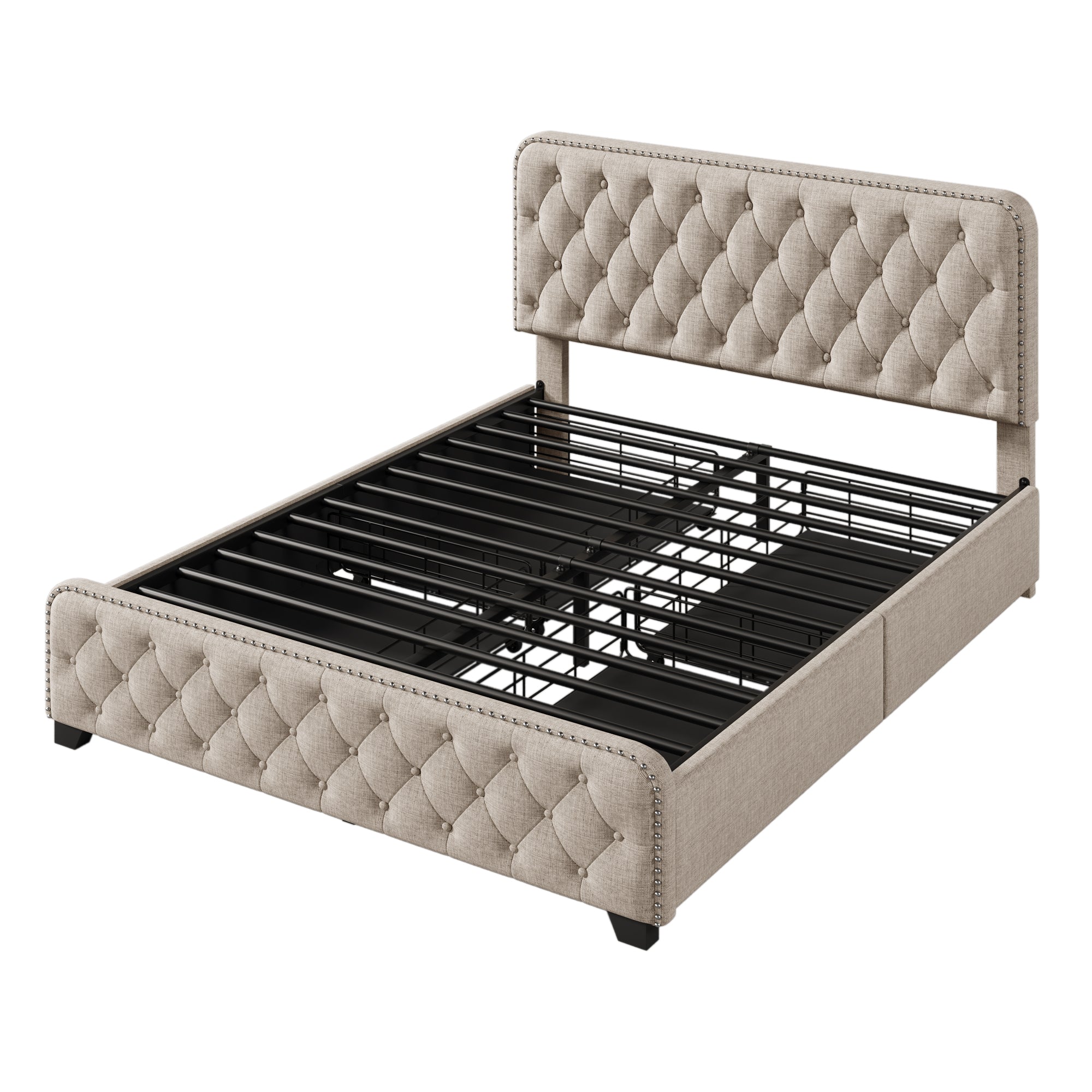 Upholstered Platform Bed with 4 Drawers, Button Tufted Headboard and Footboard Sturdy Metal Support