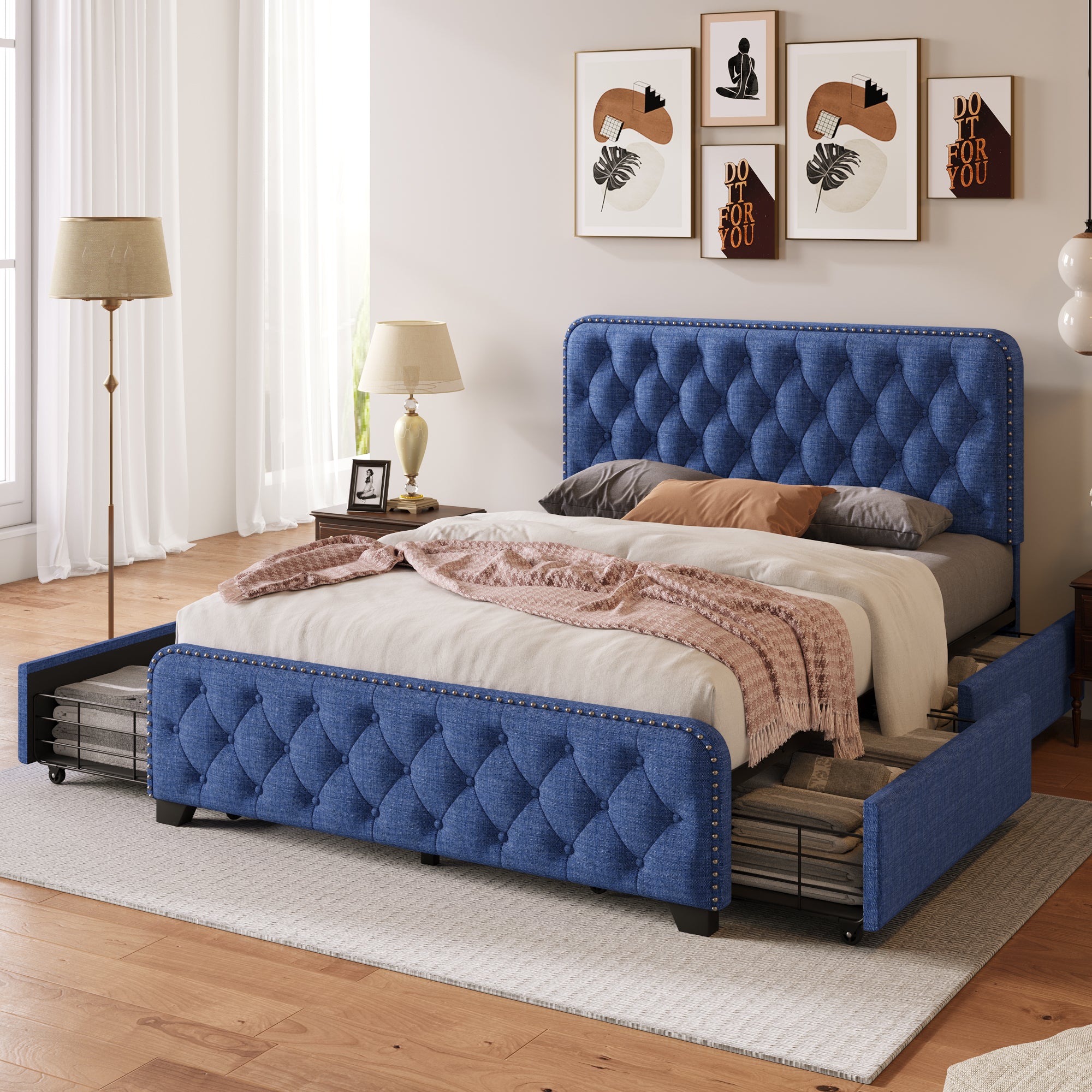 Upholstered Platform Bed with 4 Drawers, Button Tufted Headboard and Footboard Sturdy Metal Support