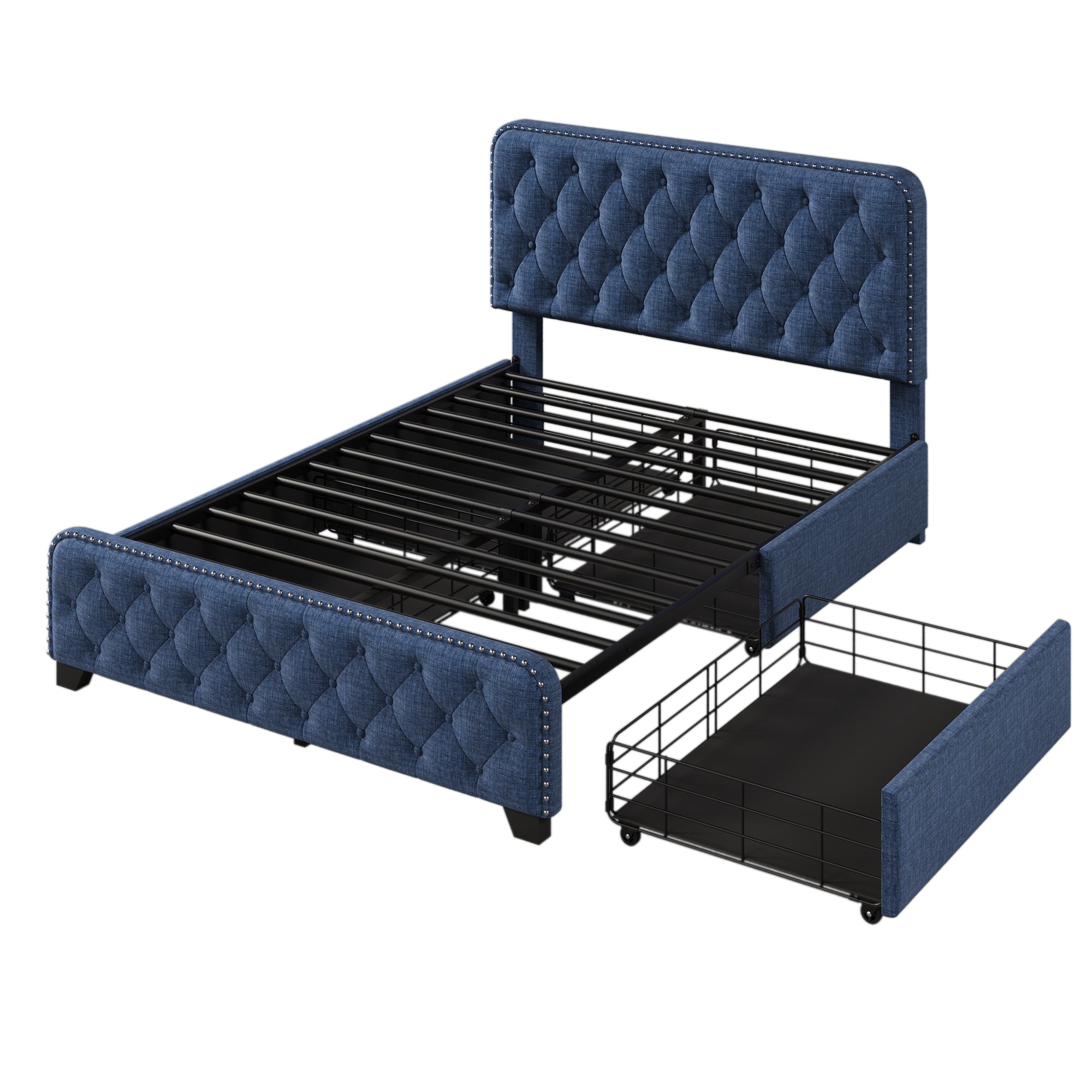 Upholstered Platform Bed with 4 Drawers, Button Tufted Headboard and Footboard Sturdy Metal Support