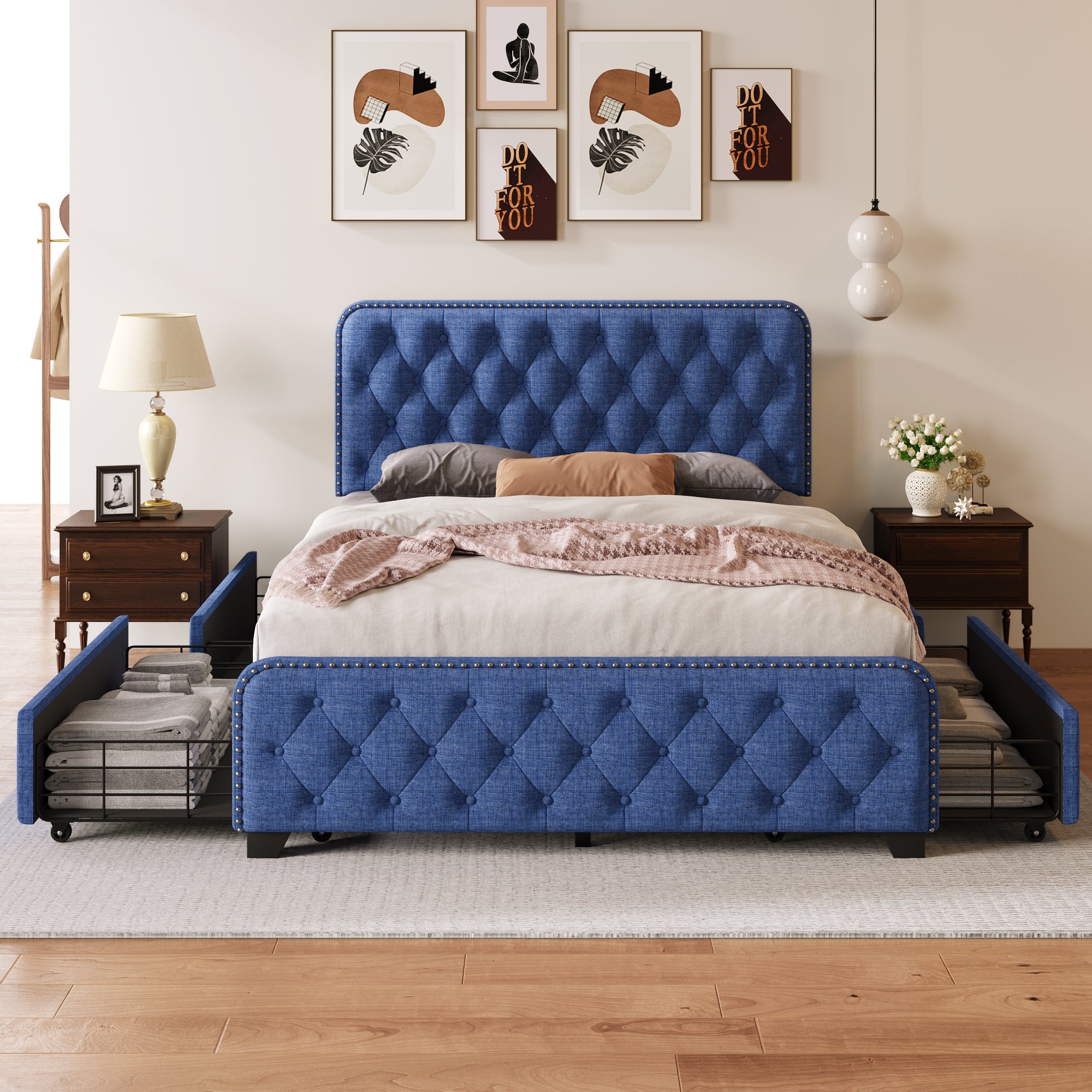 Upholstered Platform Bed with 4 Drawers, Button Tufted Headboard and Footboard Sturdy Metal Support