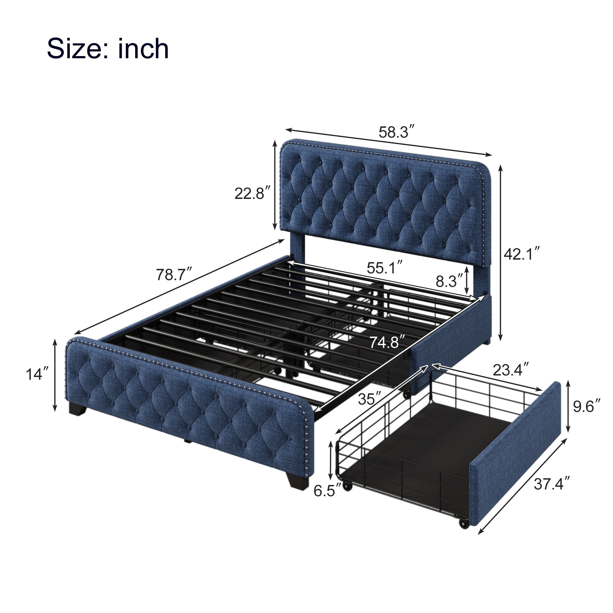 Upholstered Platform Bed with 4 Drawers, Button Tufted Headboard and Footboard Sturdy Metal Support