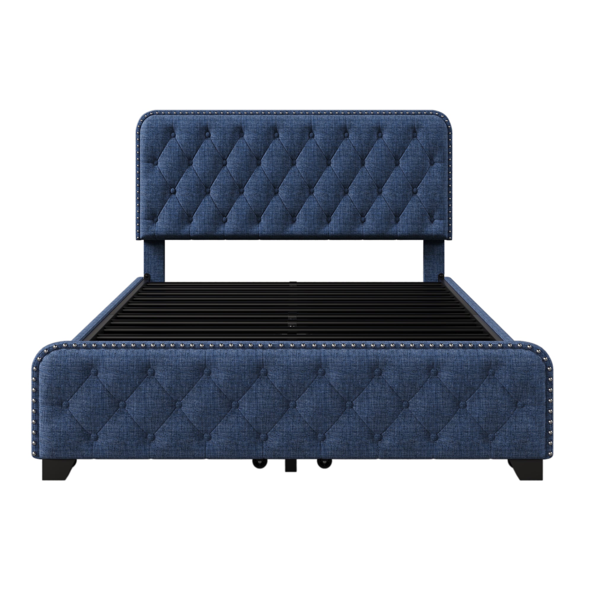 Upholstered Platform Bed with 4 Drawers, Button Tufted Headboard and Footboard Sturdy Metal Support