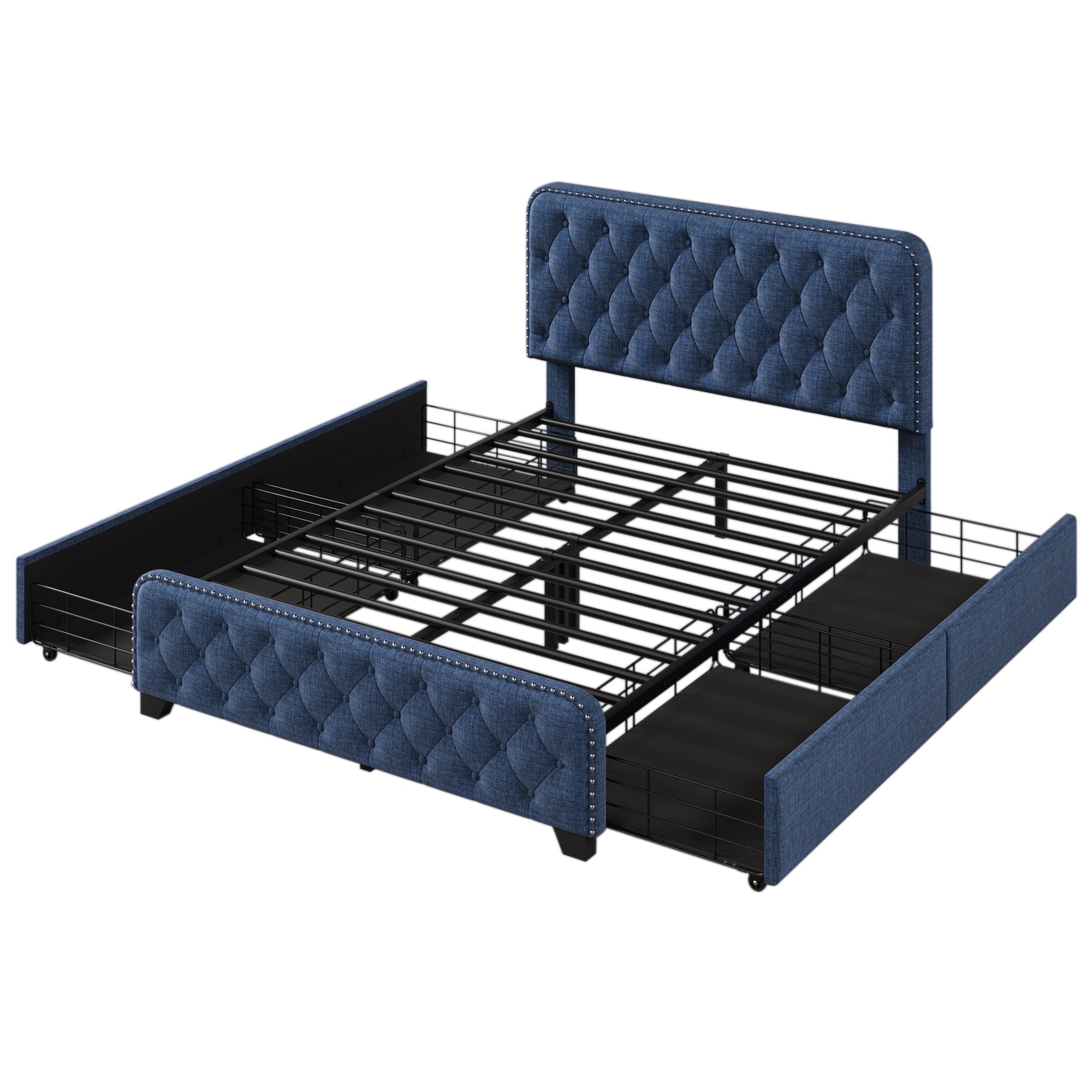 Upholstered Platform Bed with 4 Drawers, Button Tufted Headboard and Footboard Sturdy Metal Support