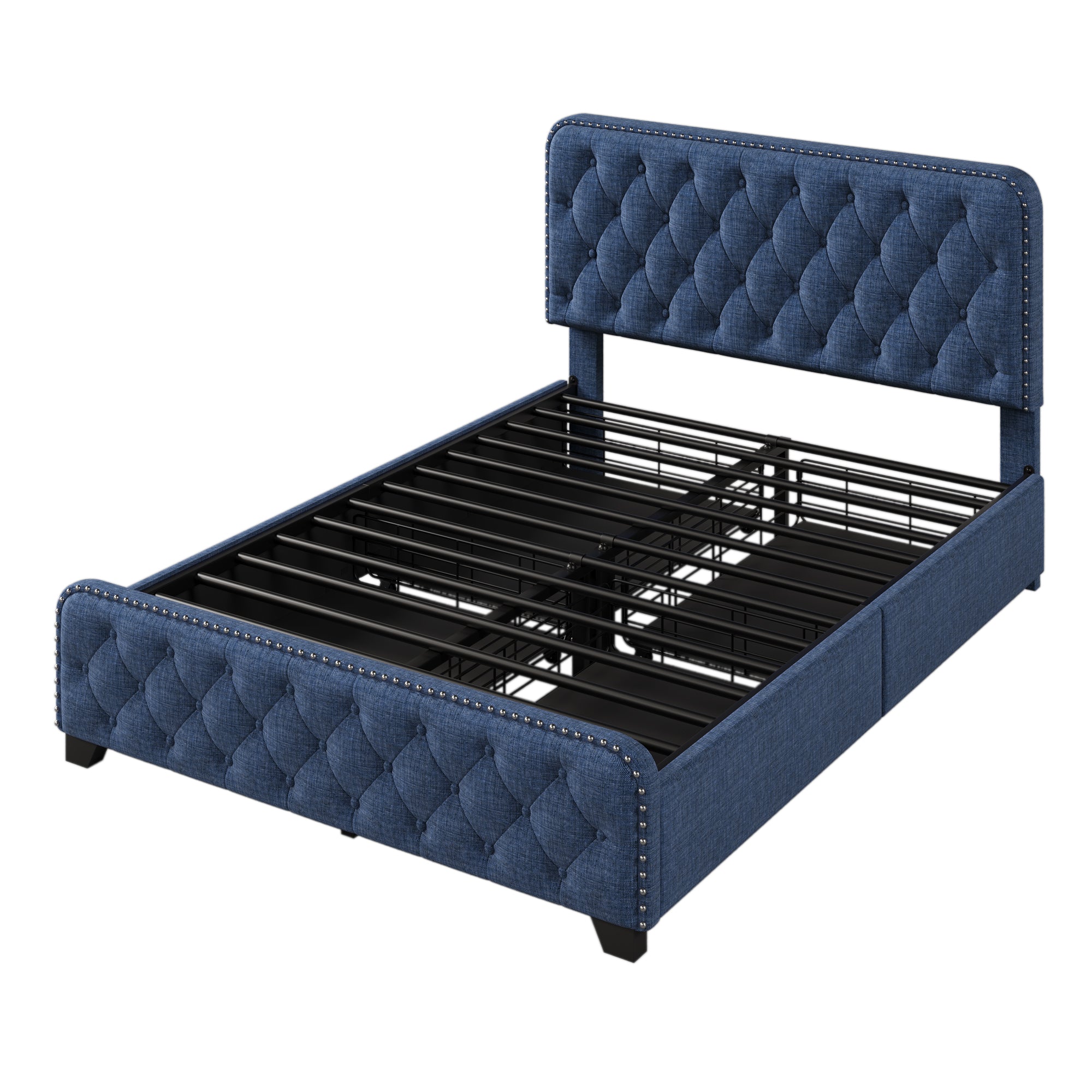 Upholstered Platform Bed with 4 Drawers, Button Tufted Headboard and Footboard Sturdy Metal Support