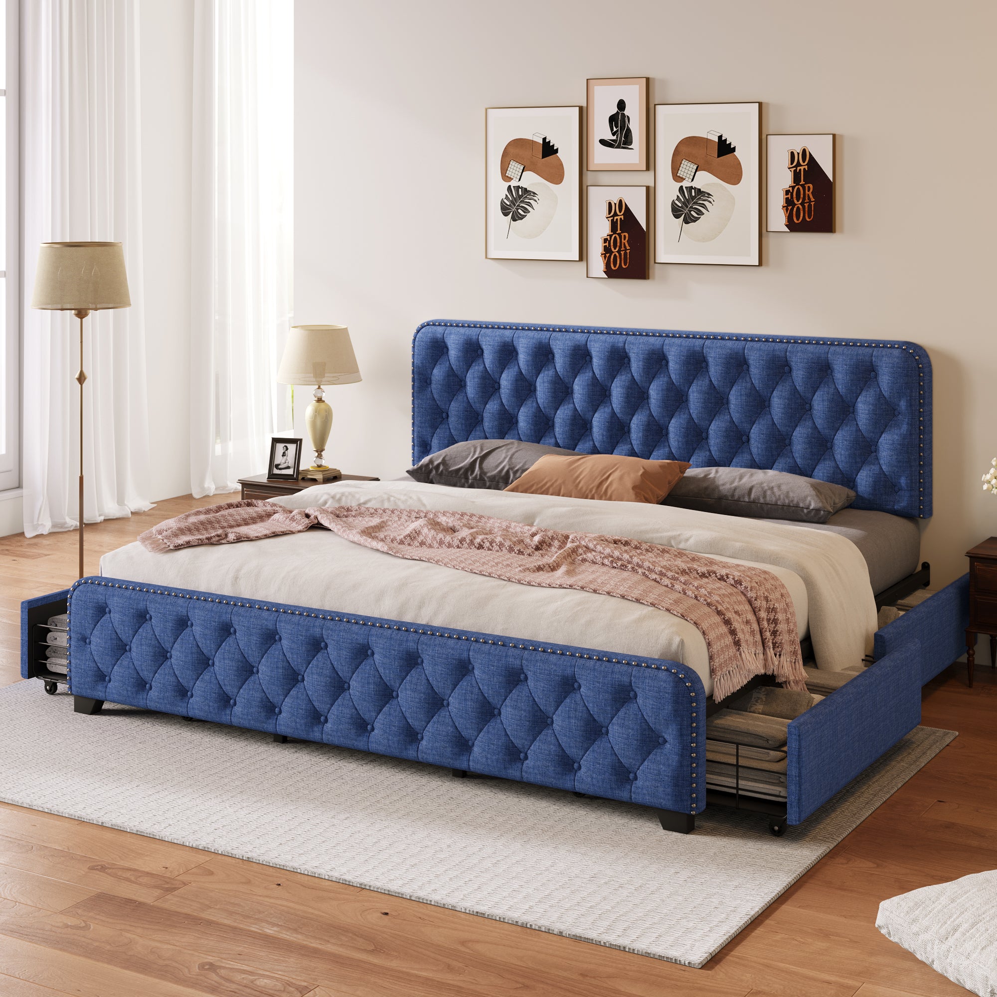 Upholstered Platform Bed with 4 Drawers, Button Tufted Headboard and Footboard Sturdy Metal Support