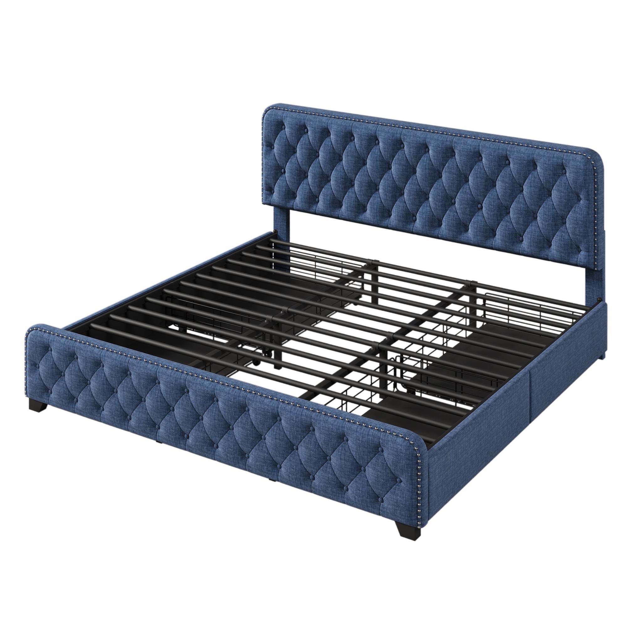 Upholstered Platform Bed with 4 Drawers, Button Tufted Headboard and Footboard Sturdy Metal Support