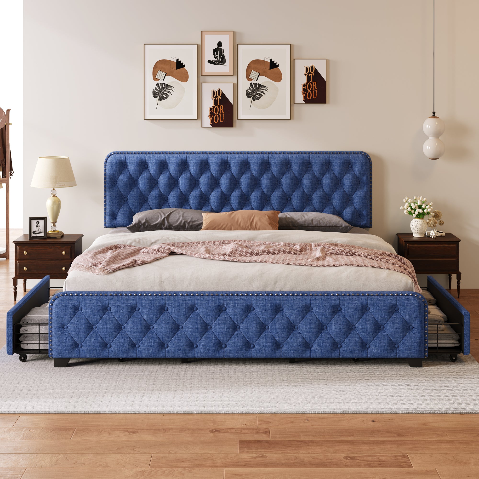 Upholstered Platform Bed with 4 Drawers, Button Tufted Headboard and Footboard Sturdy Metal Support