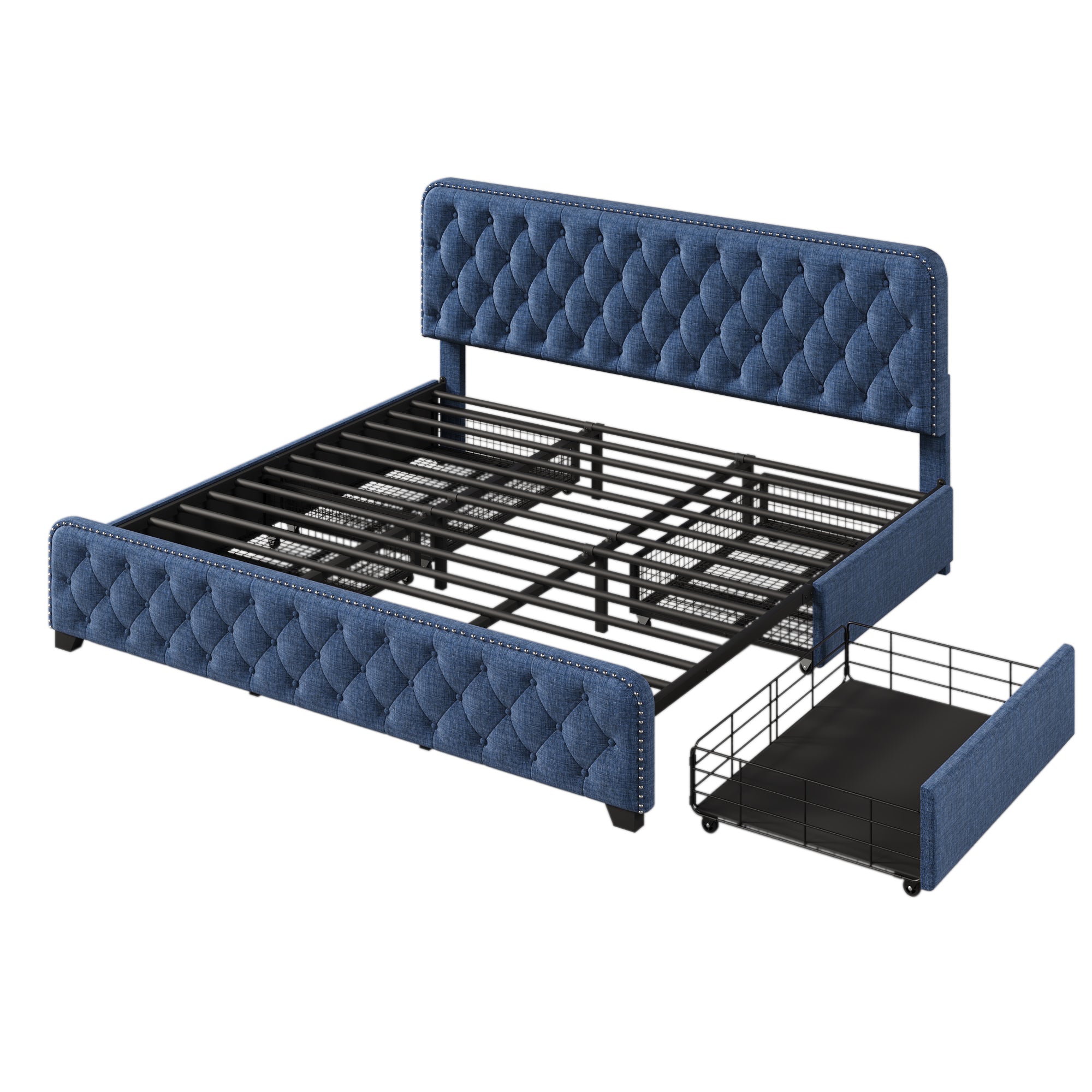 Upholstered Platform Bed with 4 Drawers, Button Tufted Headboard and Footboard Sturdy Metal Support