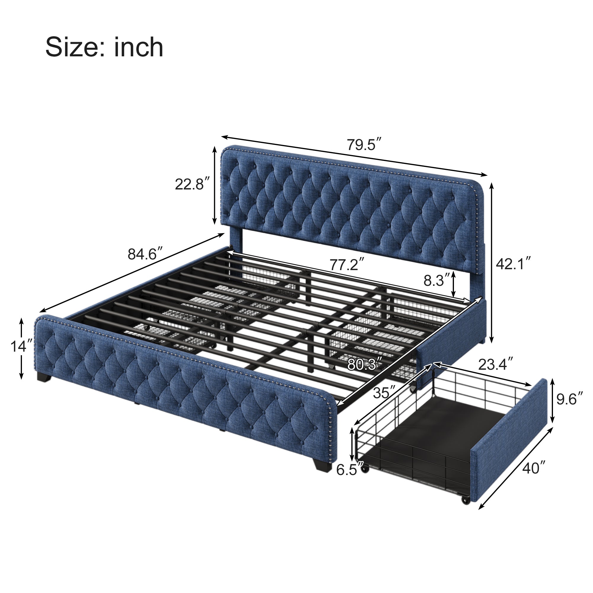 Upholstered Platform Bed with 4 Drawers, Button Tufted Headboard and Footboard Sturdy Metal Support