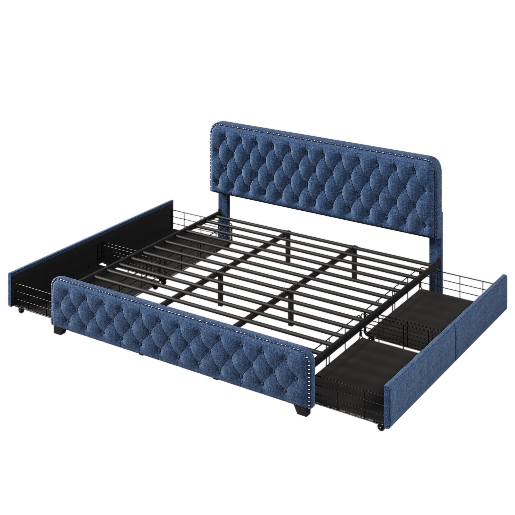 Upholstered Platform Bed with 4 Drawers, Button Tufted Headboard and Footboard Sturdy Metal Support