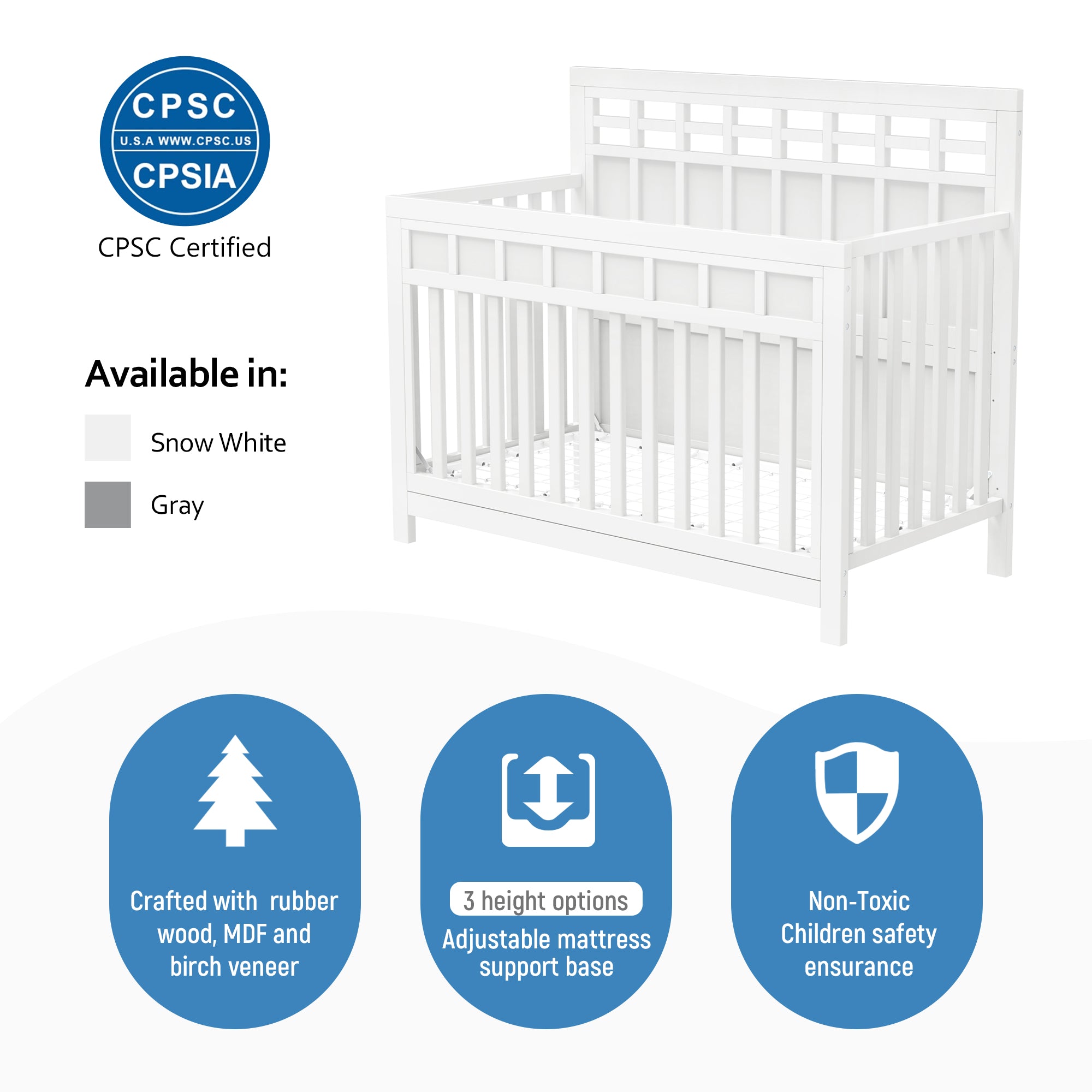 54 inch Pine Solid Wood Certified Baby Safe Crib