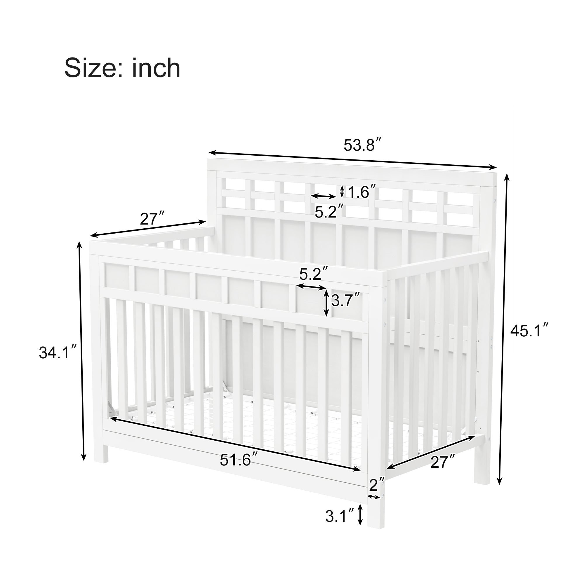 54 inch Pine Solid Wood Certified Baby Safe Crib