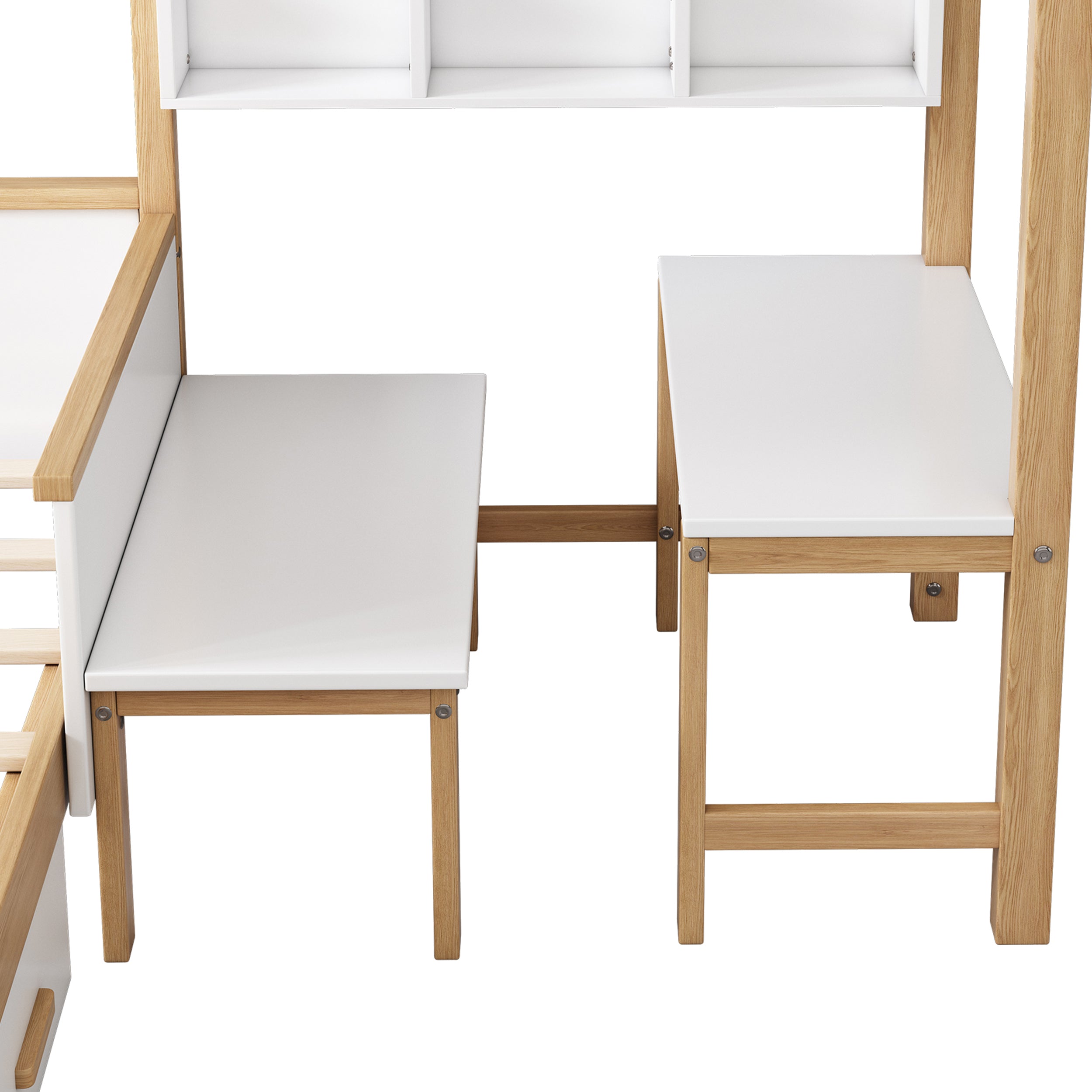 White and Original Wood Colored Wood Full Frame House Bed with Drawer, Desk and Bookshelf