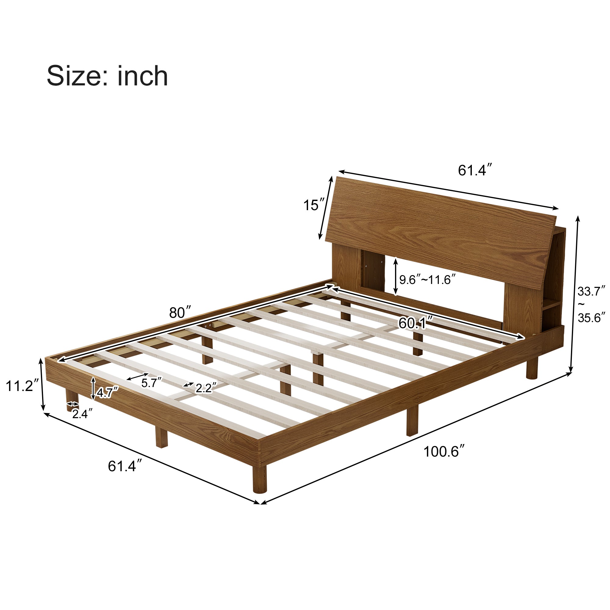 Queen Size Mid Century Platform Bed with Bookshelf and Led Lights and USB Port