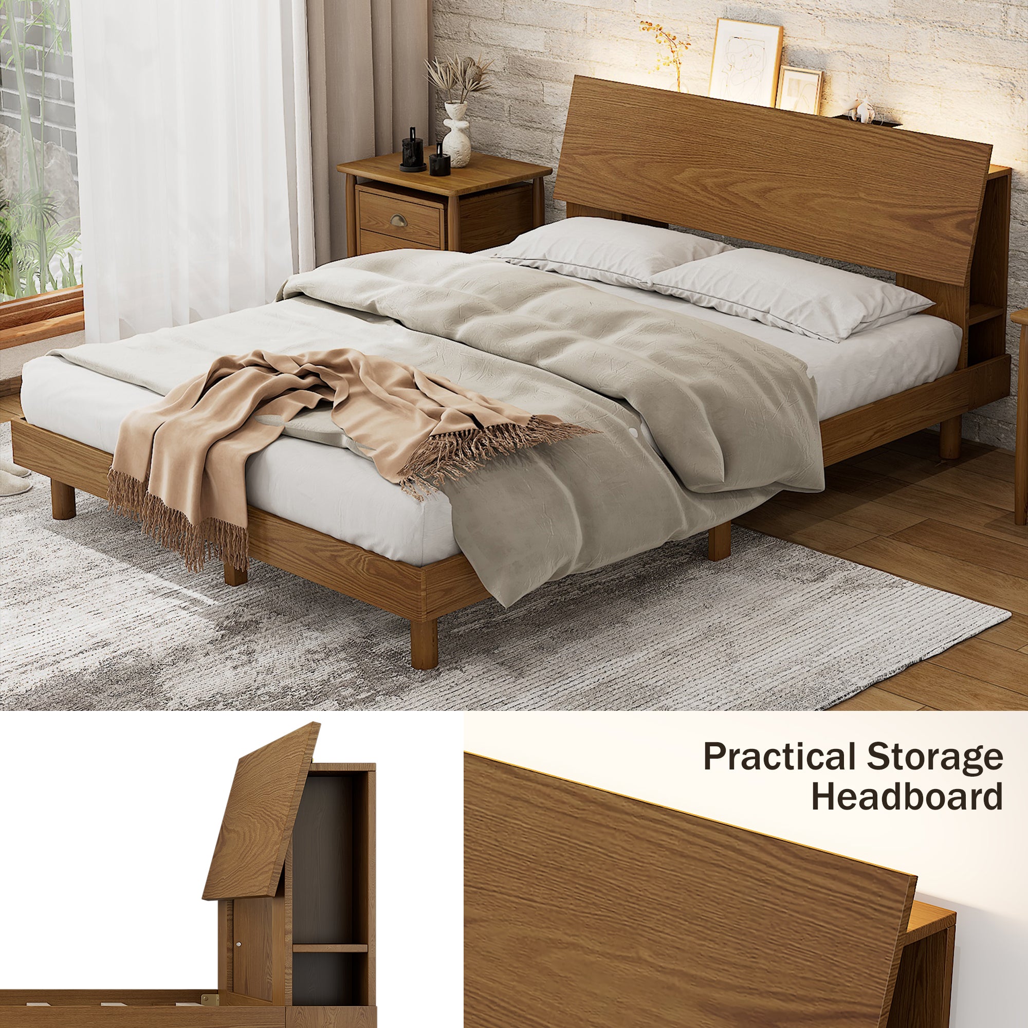 Queen Size Mid Century Platform Bed with Bookshelf and Led Lights and USB Port