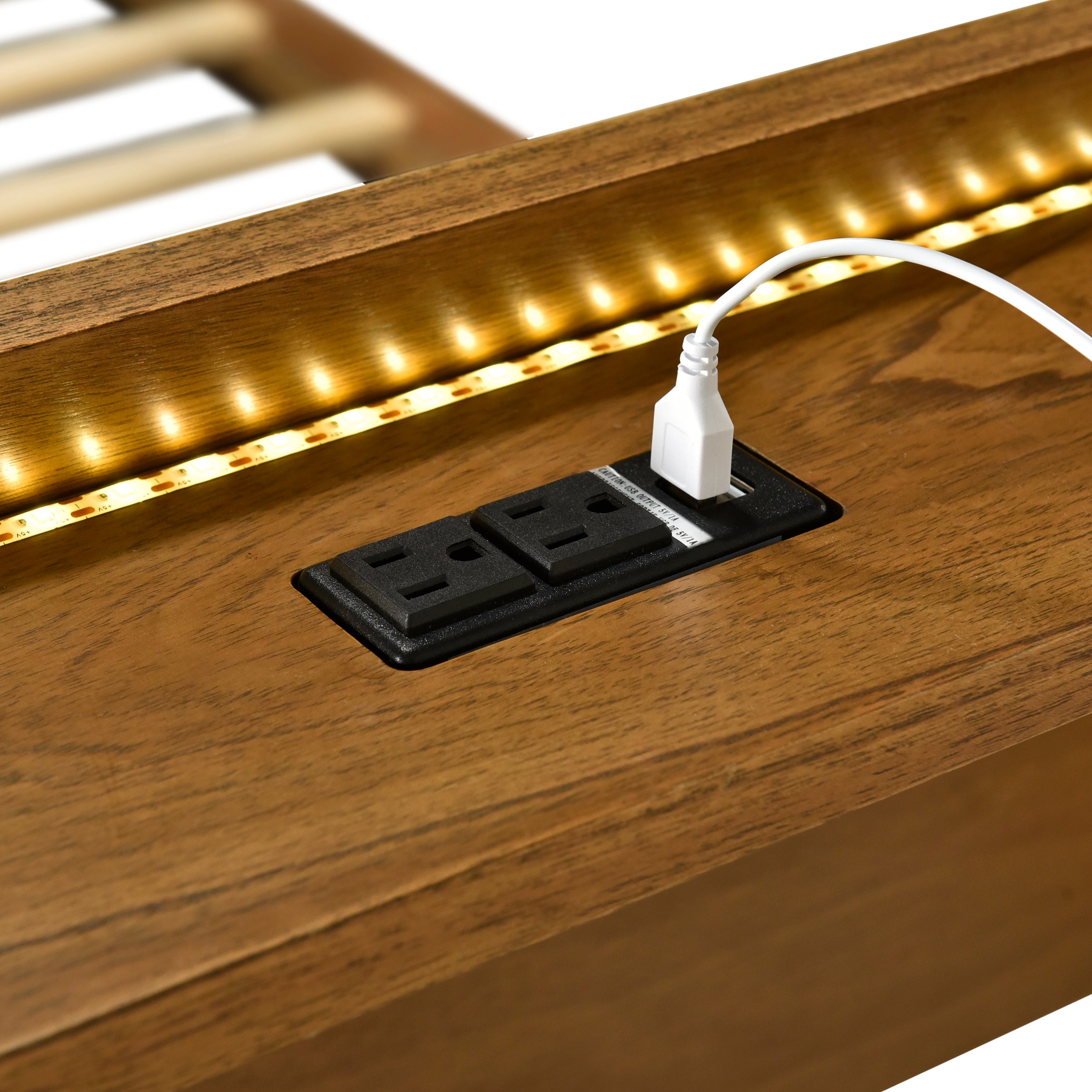 Queen Size Mid Century Platform Bed with Bookshelf and Led Lights and USB Port
