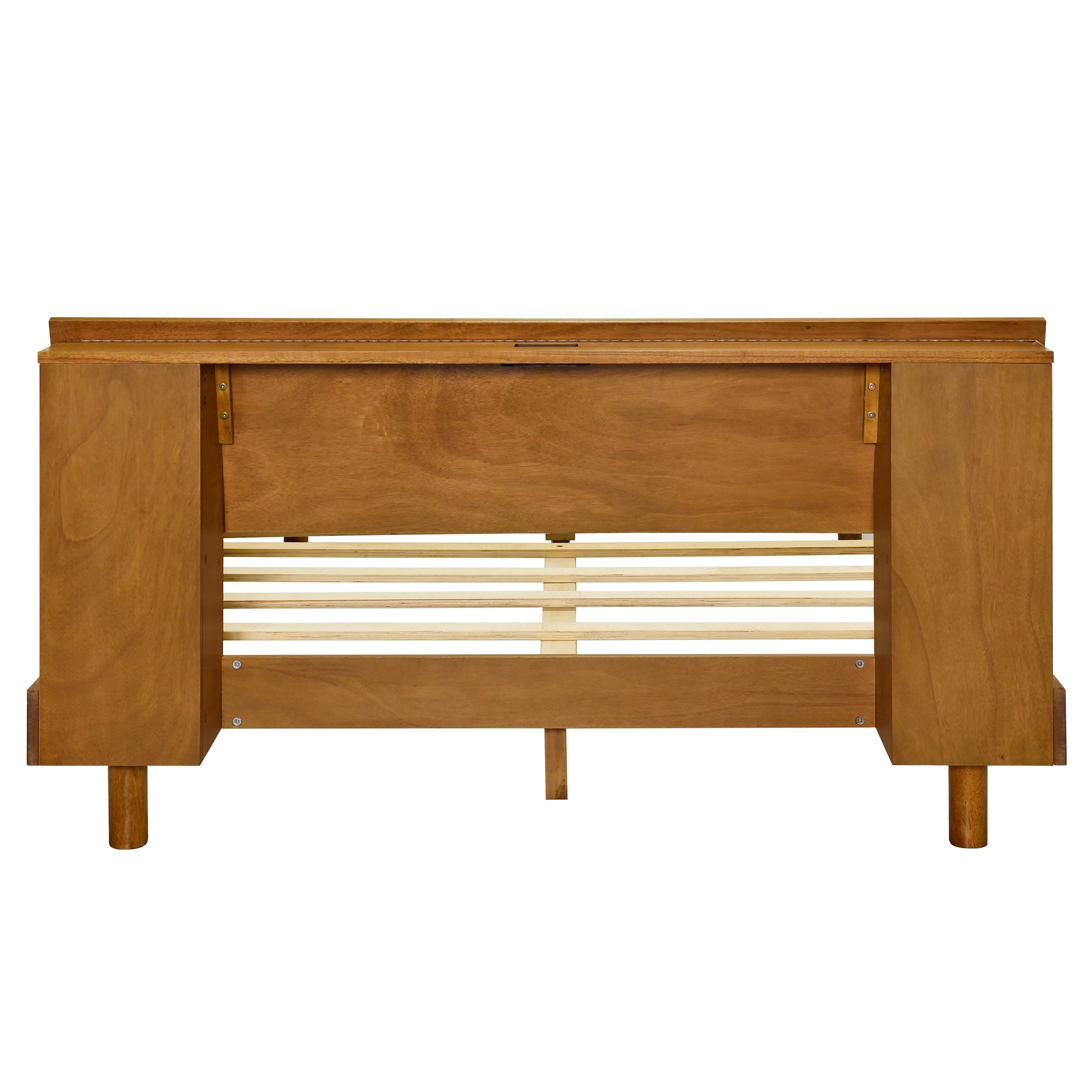 Queen Size Mid Century Platform Bed with Bookshelf and Led Lights and USB Port