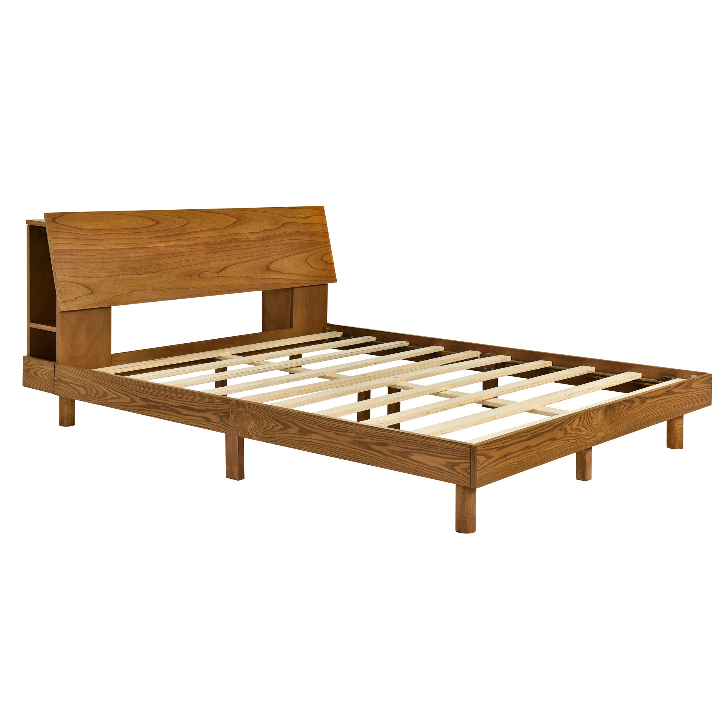 Queen Size Mid Century Platform Bed with Bookshelf and Led Lights and USB Port