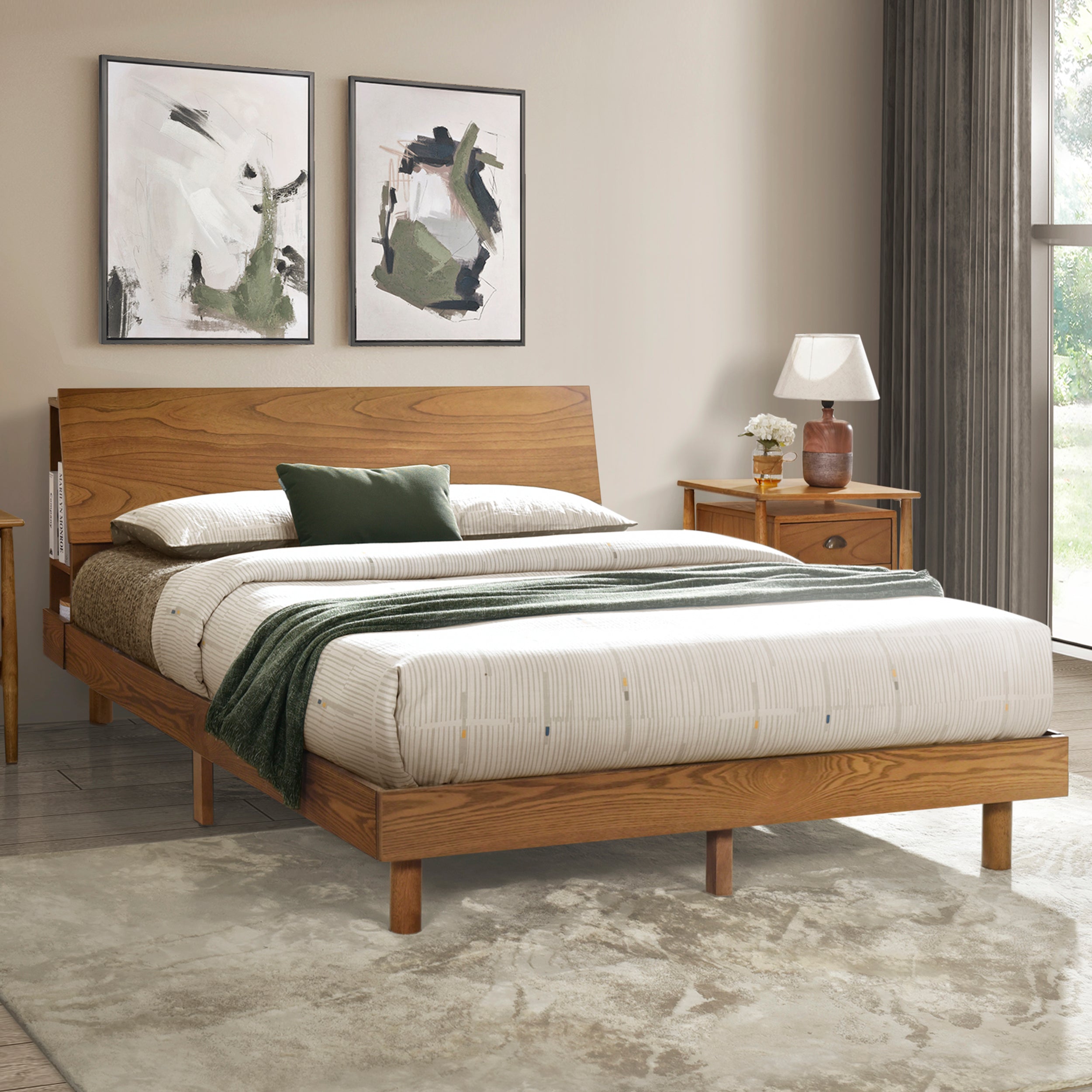 Queen Size Mid Century Platform Bed with Bookshelf and Led Lights and USB Port
