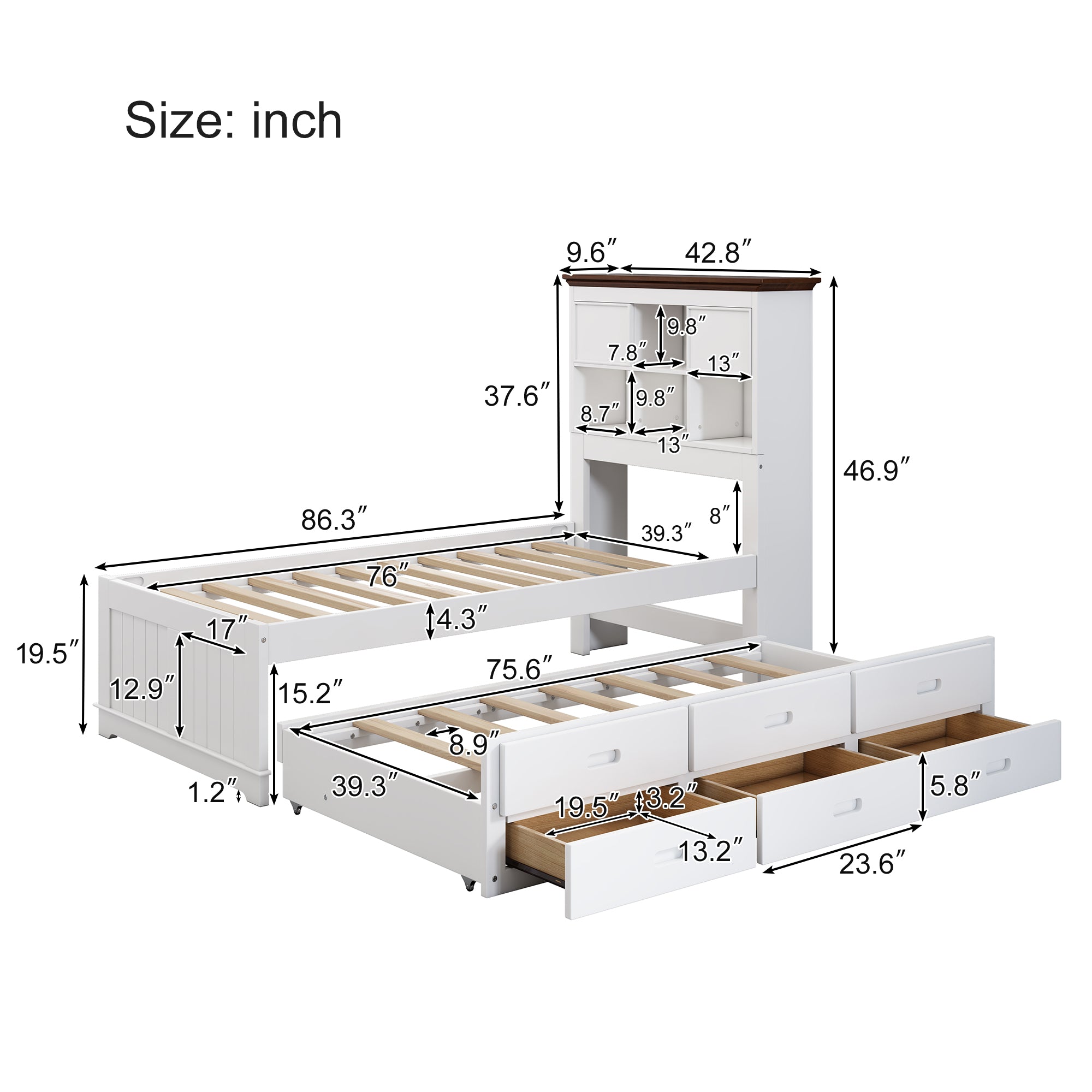 Solid Pine Captain Bookcase Bed with Trundle Bed and 3 Spacious Under Bed Drawers