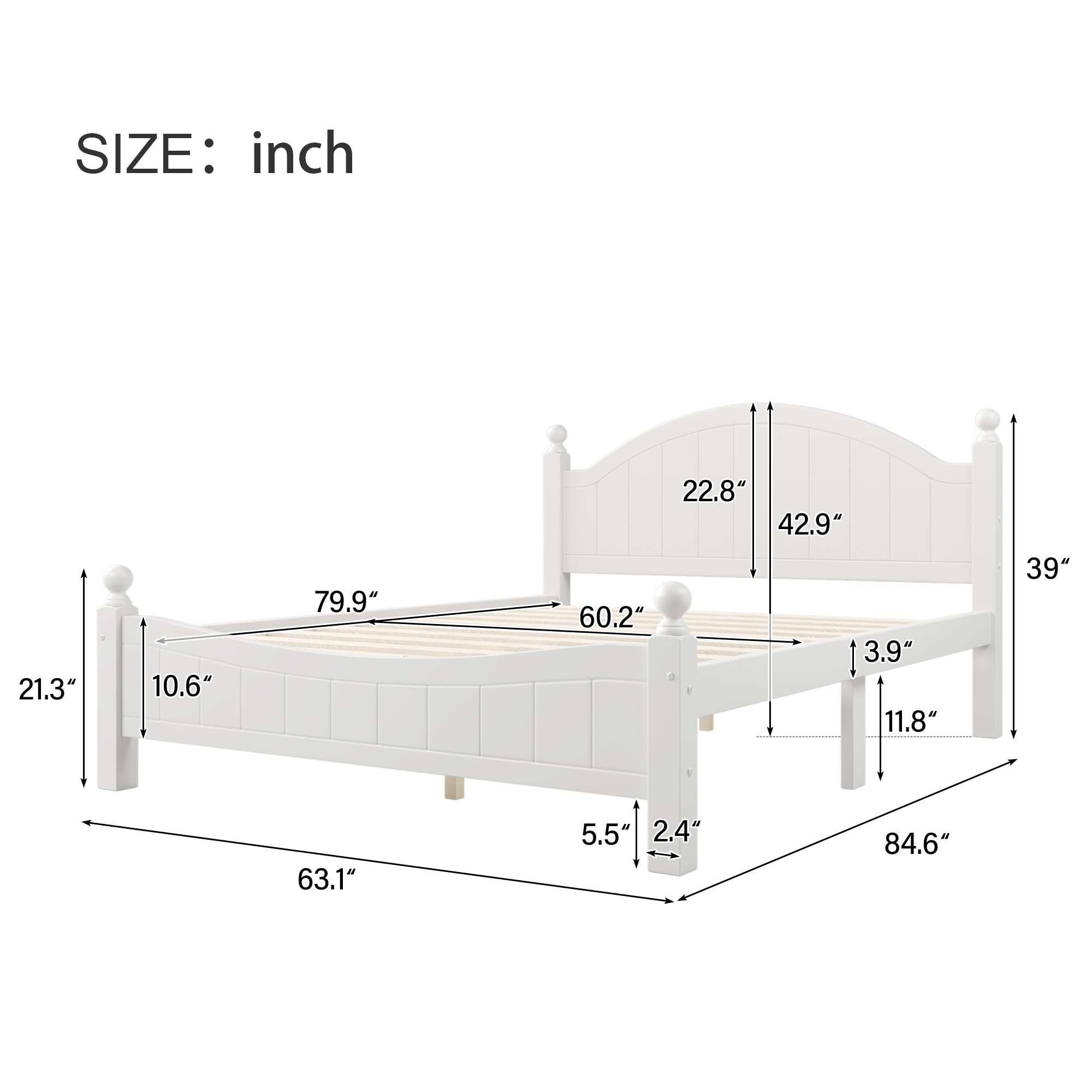 Traditional Concise Style Queen Wood Platform Bed in White