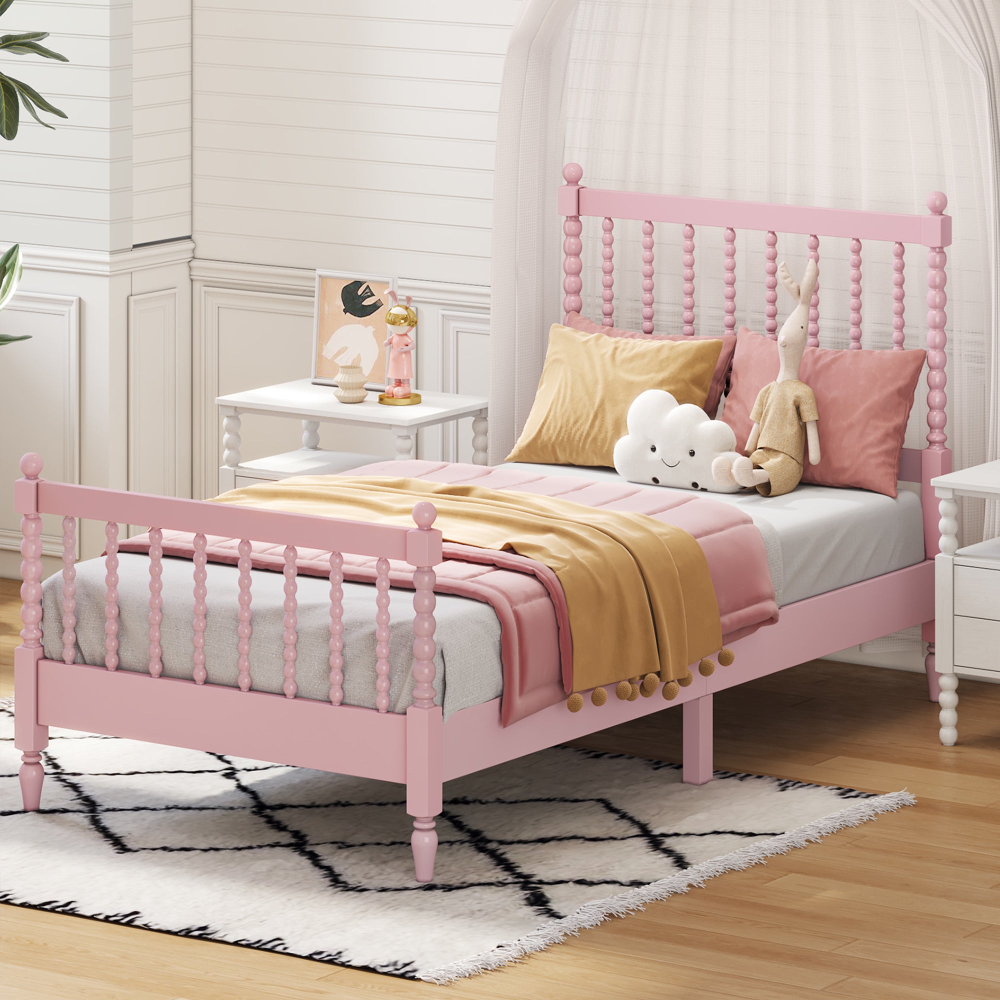 Twin Size Wood Platform Bed with Gourd Shaped Headboard and Footboard