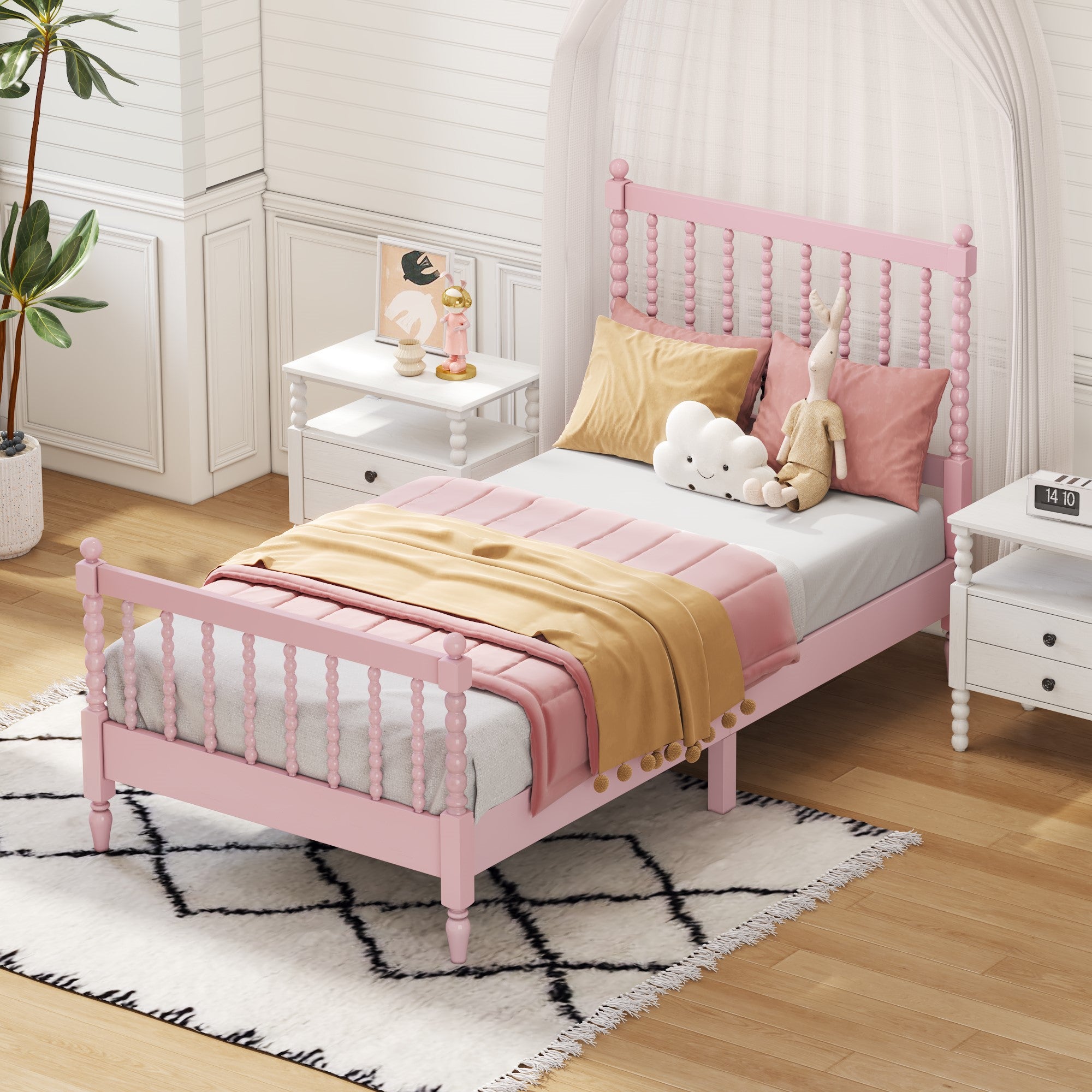 Twin Size Wood Platform Bed with Gourd Shaped Headboard and Footboard