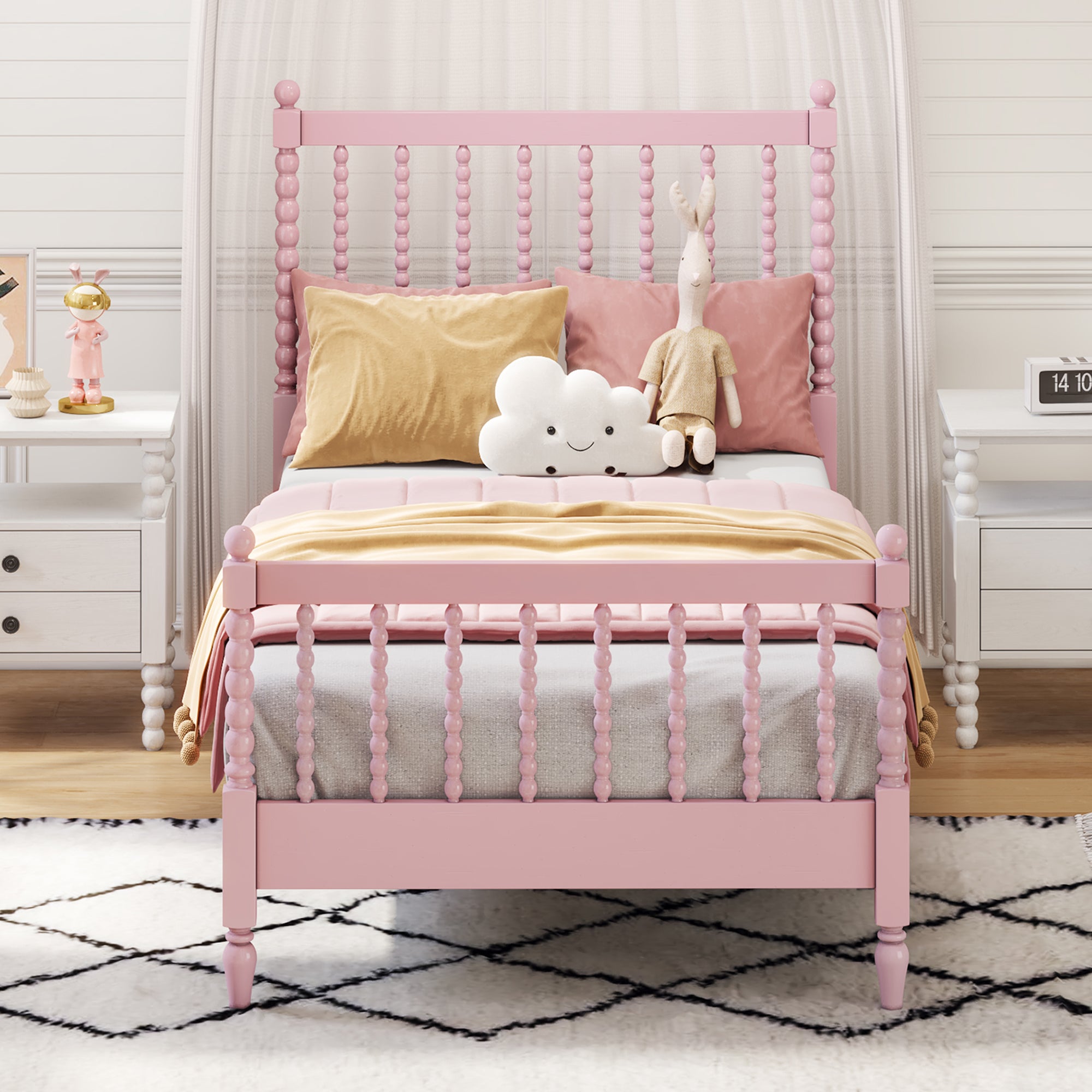 Twin Size Wood Platform Bed with Gourd Shaped Headboard and Footboard