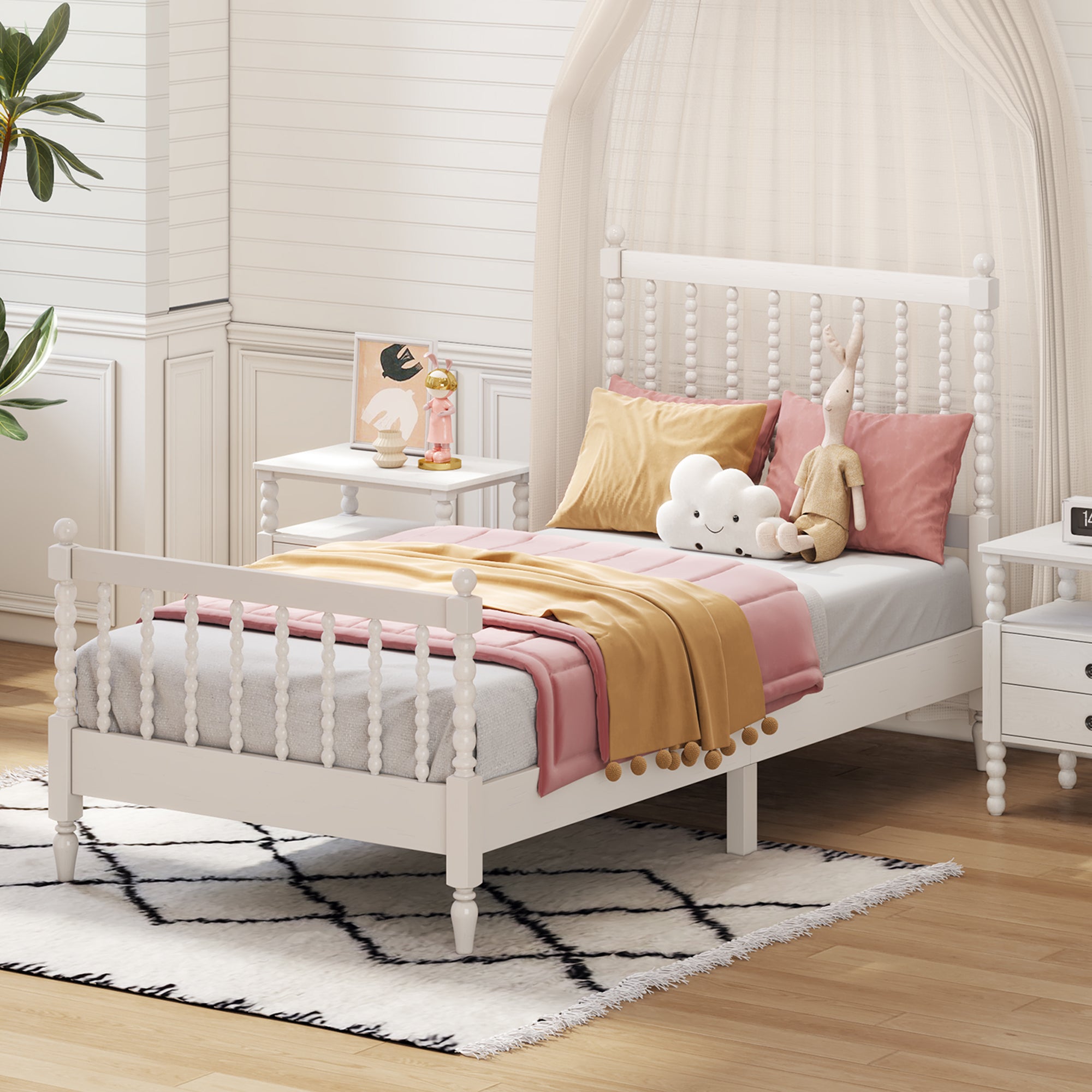 Twin Size Wood Platform Bed with Gourd Shaped Headboard and Footboard