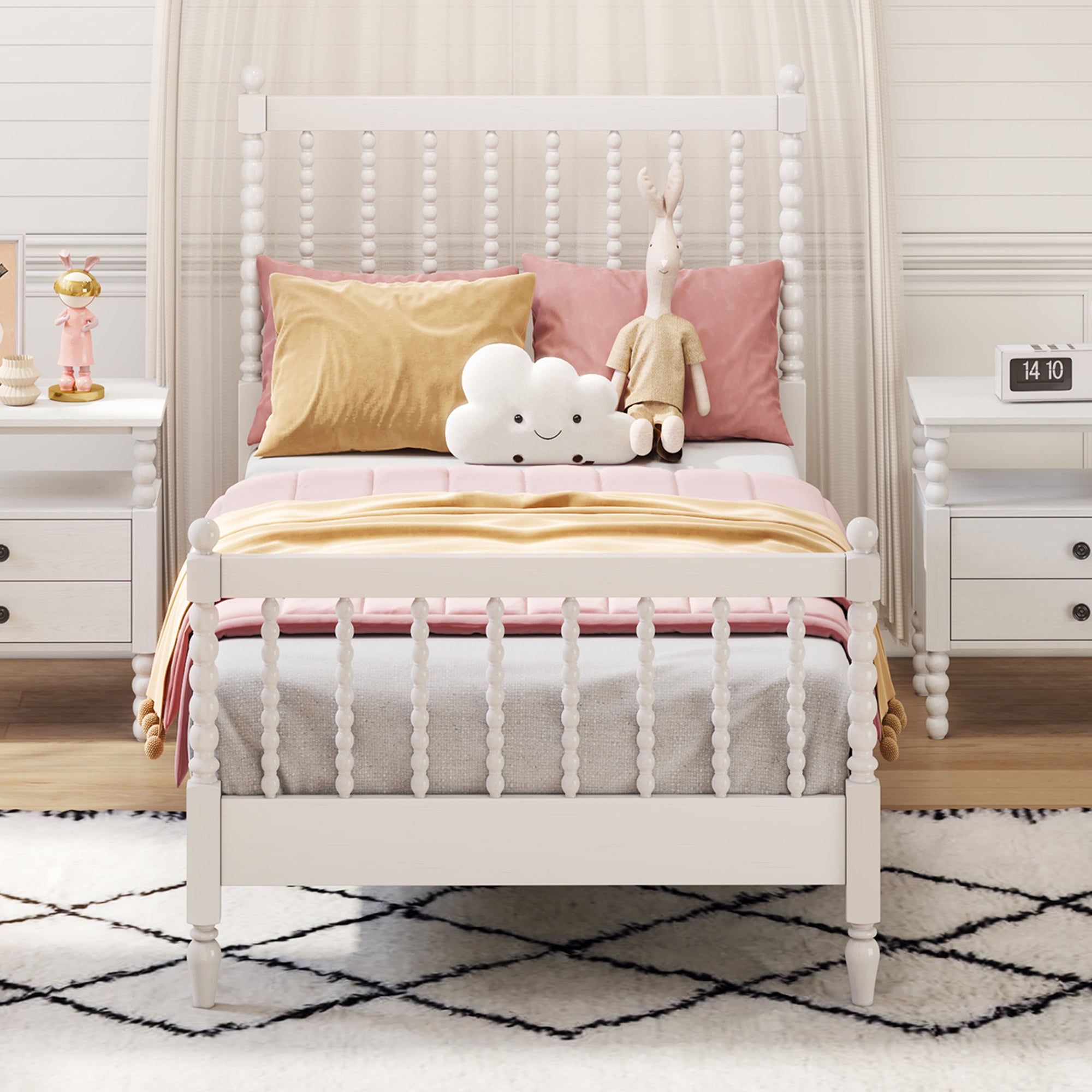 Twin Size Wood Platform Bed with Gourd Shaped Headboard and Footboard