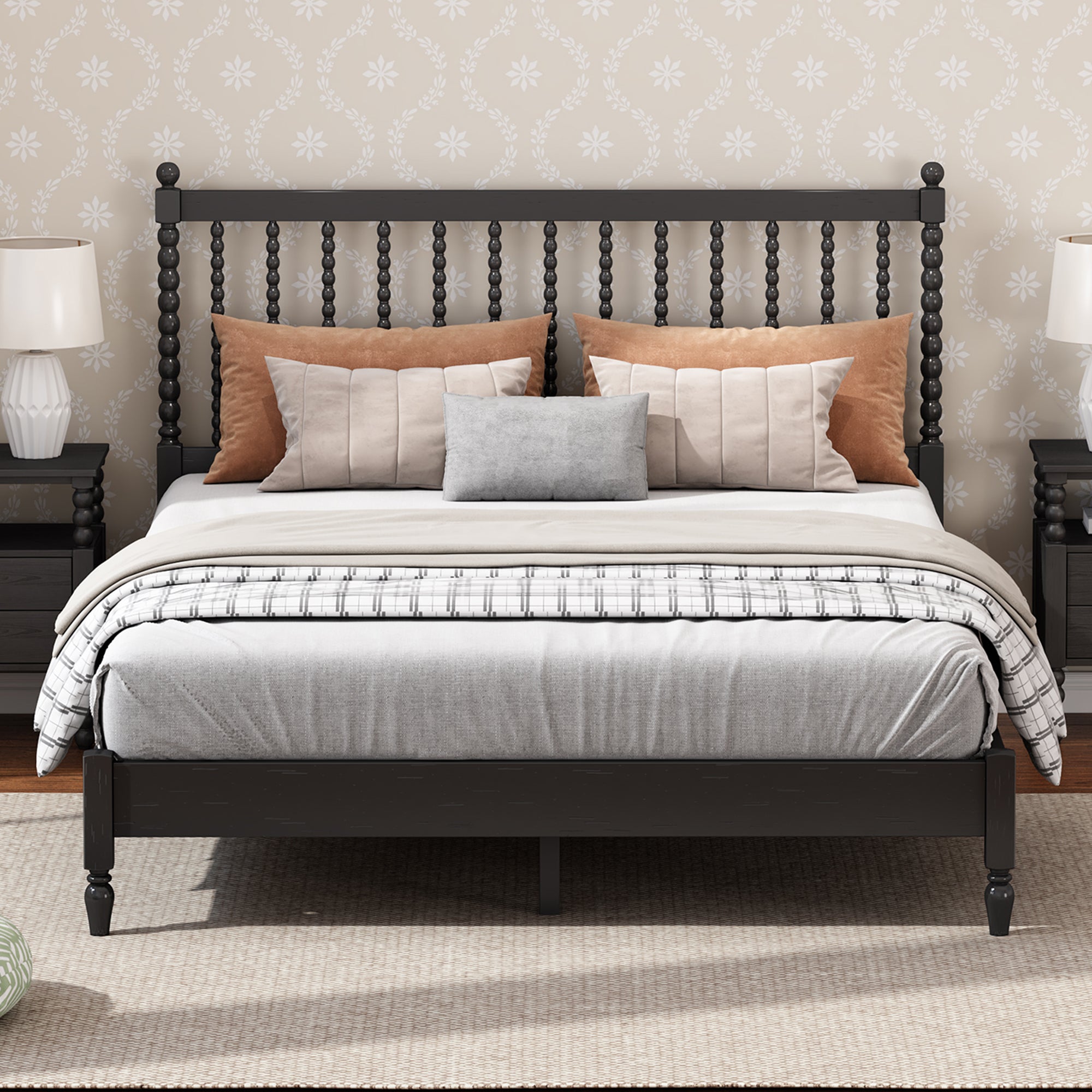 Queen Size Wood Platform Bed with Gourd Shaped Headboard