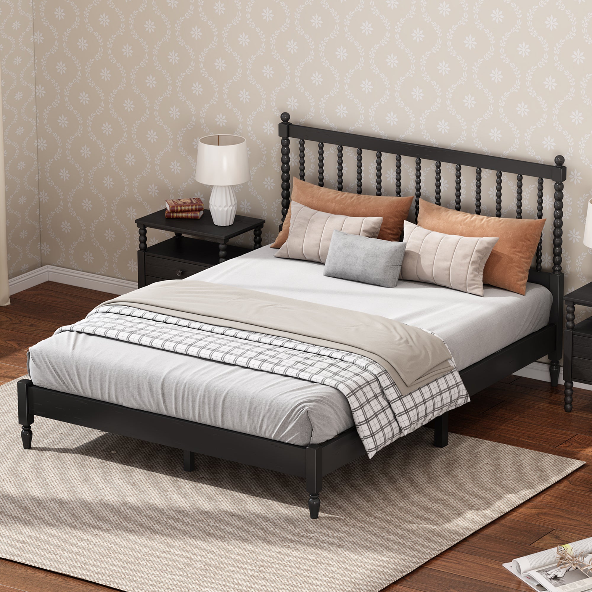 Queen Size Wood Platform Bed with Gourd Shaped Headboard
